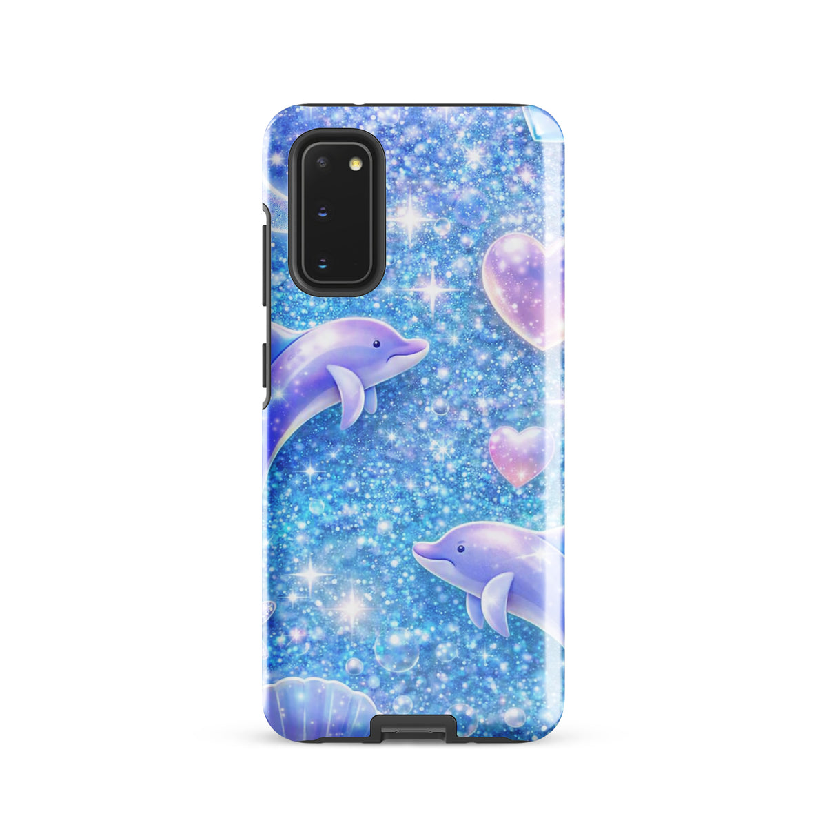 Phone Case for Samsung Galaxy with ocean glitter dolphins and celestial accents in a shimmering aquatic design.
