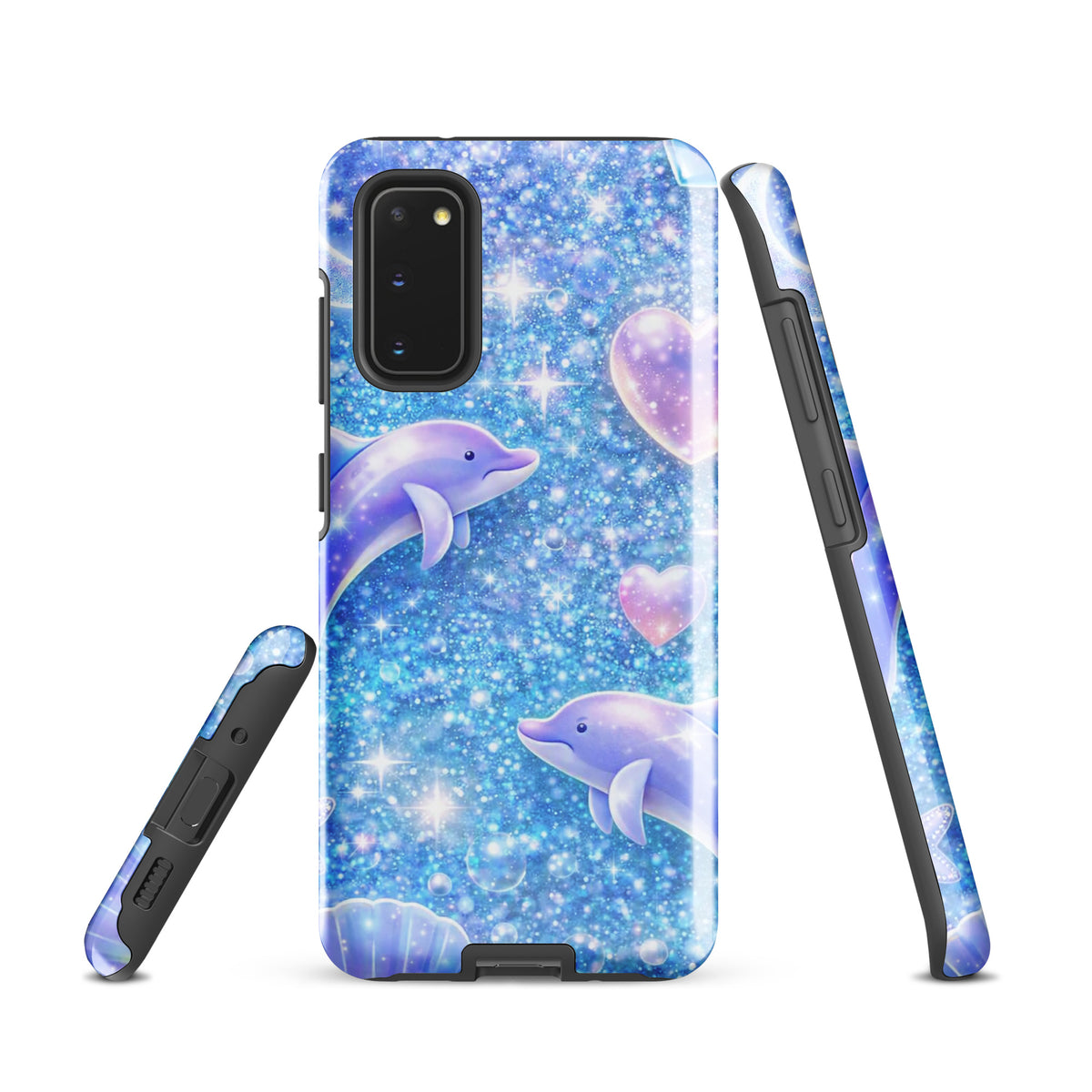Phone Case for Samsung Galaxy with Ocean Glitter Dolphins design, featuring shimmering glitter, floating dolphins, and celestial accents.