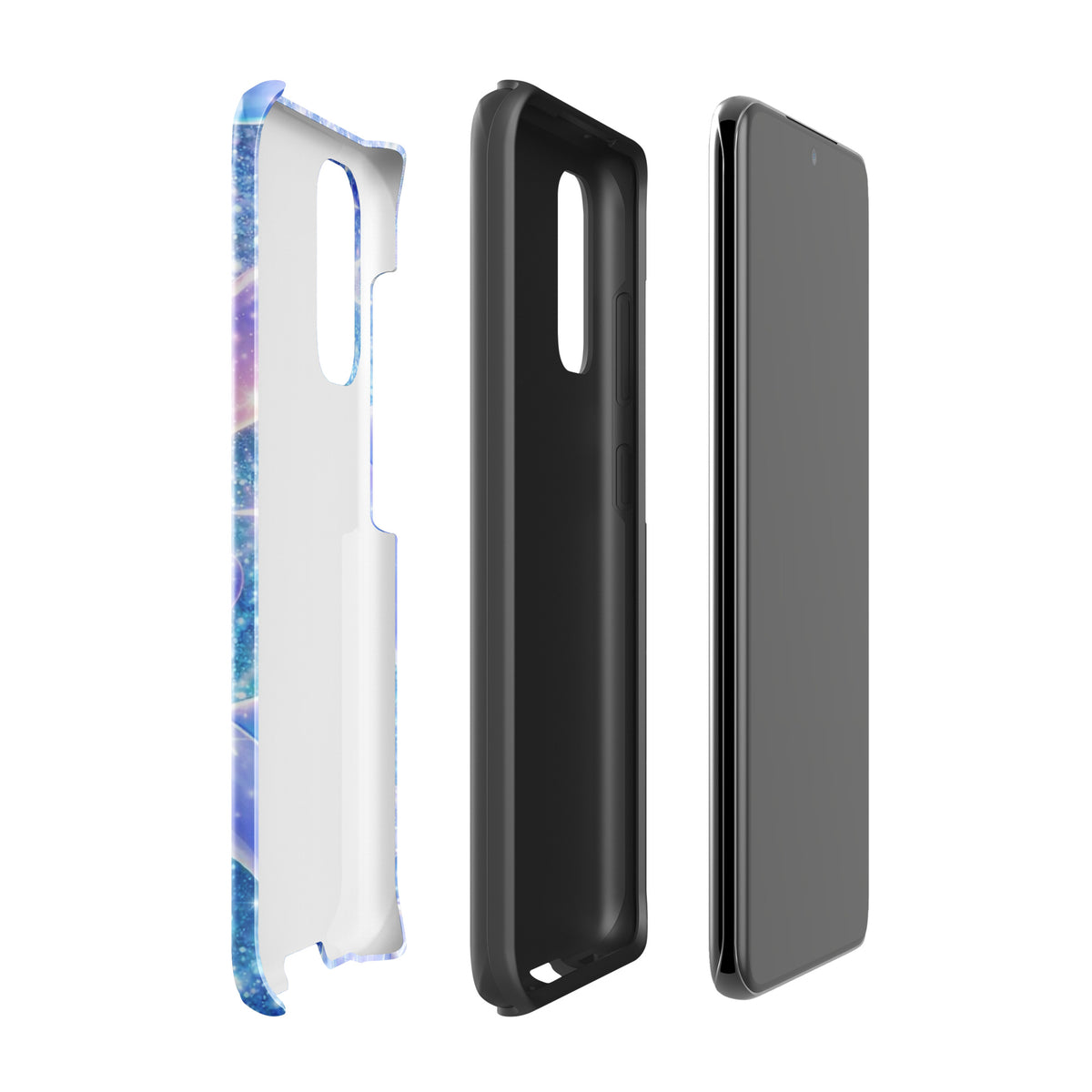 Phone Case for Samsung Galaxy with Ocean Glitter Dolphins and celestial design, featuring shimmering liquid glitter and floating dolphins.