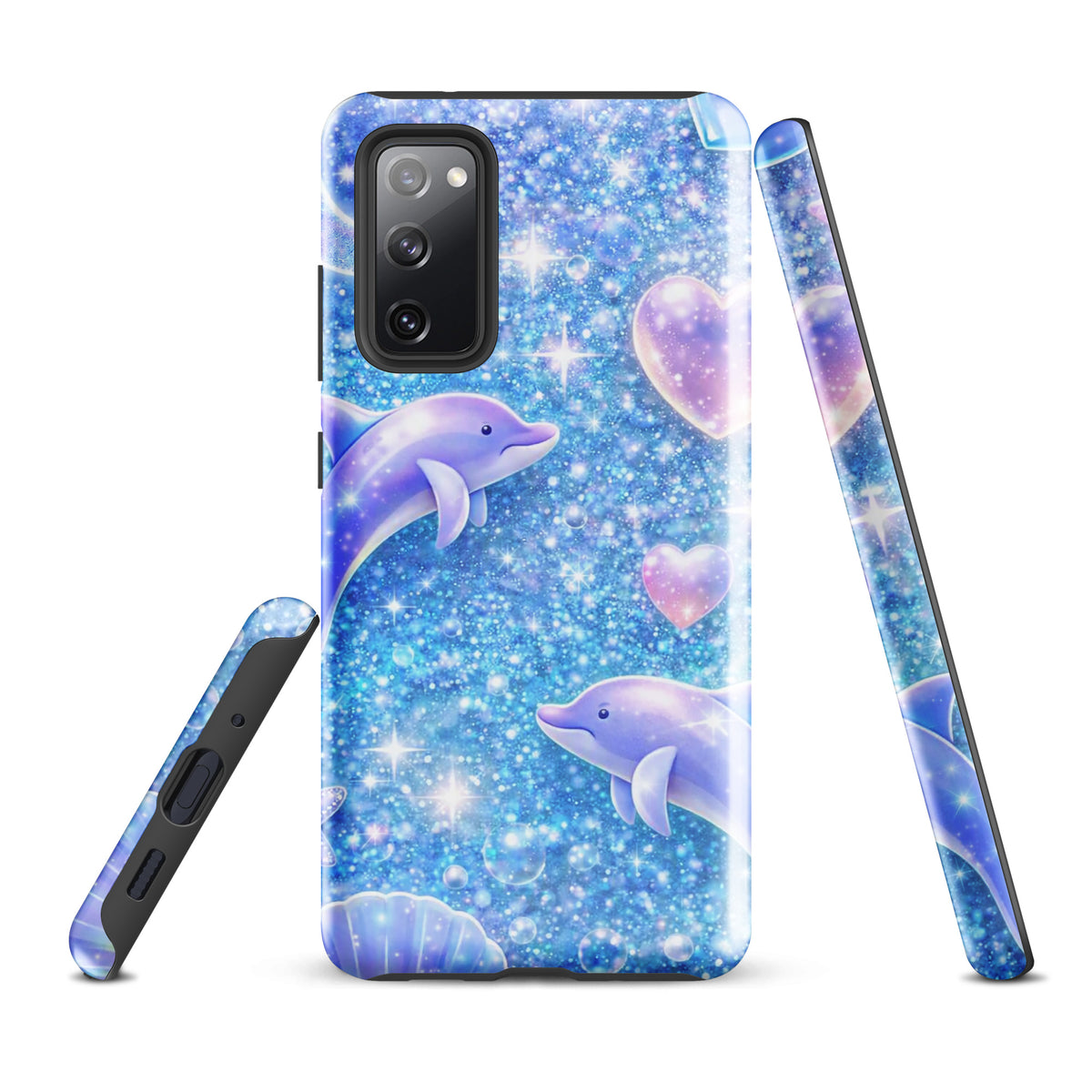 Phone Case for Samsung Galaxy with ocean glitter, dolphins, and celestial accents. Dreamy, sparkling design with pastel tones.