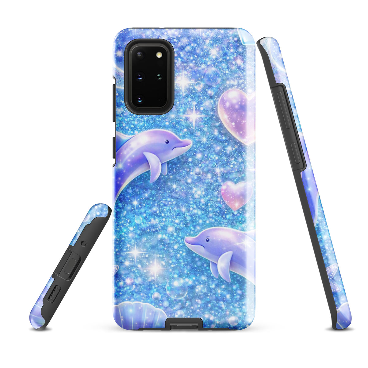 Phone Case for Samsung Galaxy featuring ocean glitter with dolphins, pastel moons, and shimmering details.