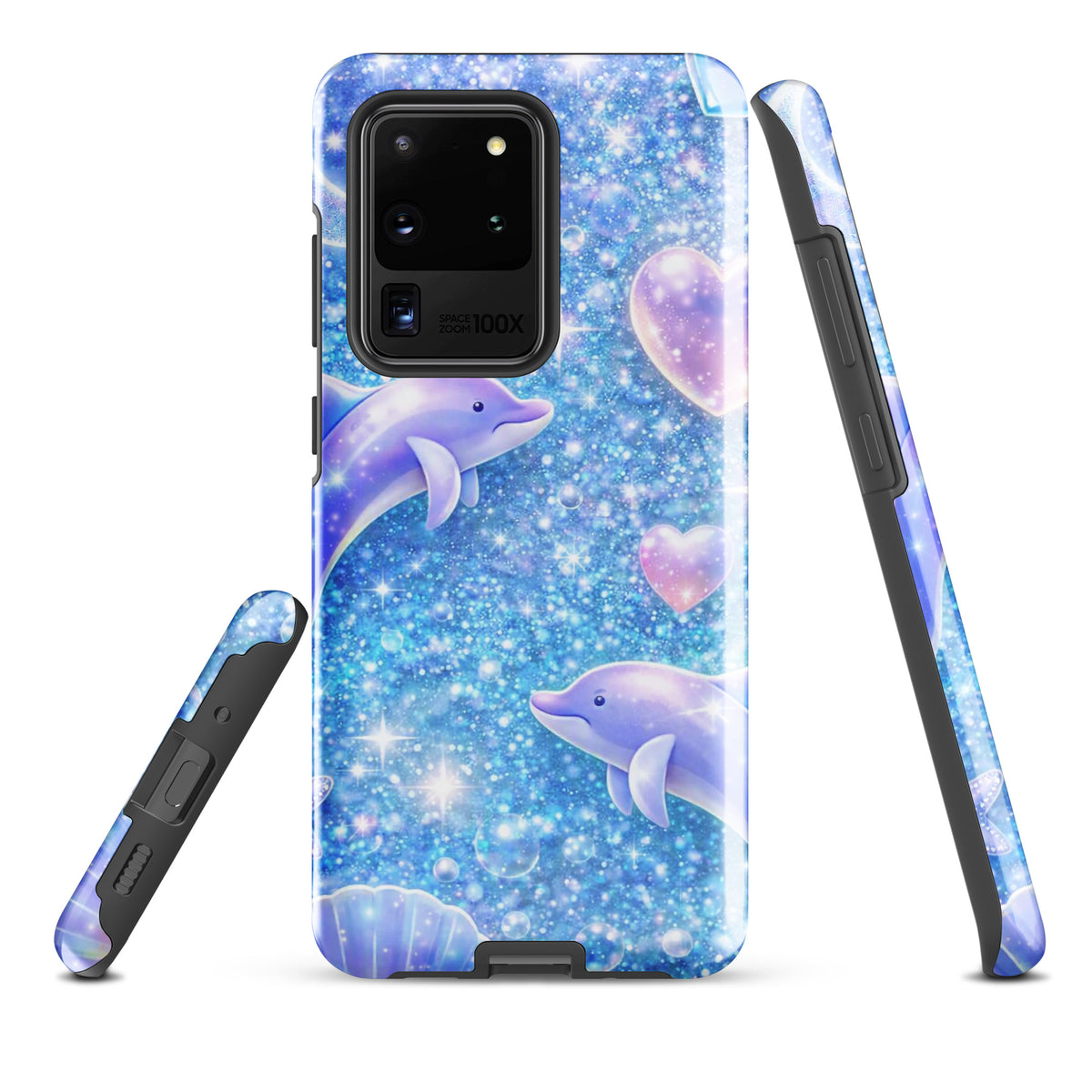 Phone Case for Samsung Galaxy - Ocean Glitter Dolphins design with sparkling glitter, floating dolphins, and celestial accents.