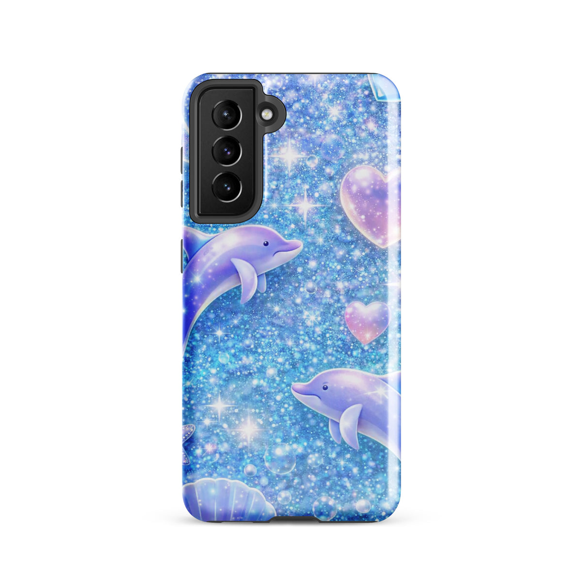 Phone Case for Samsung Galaxy with Ocean Glitter Dolphins design, featuring shimmering glitter, floating dolphins, and celestial accents.