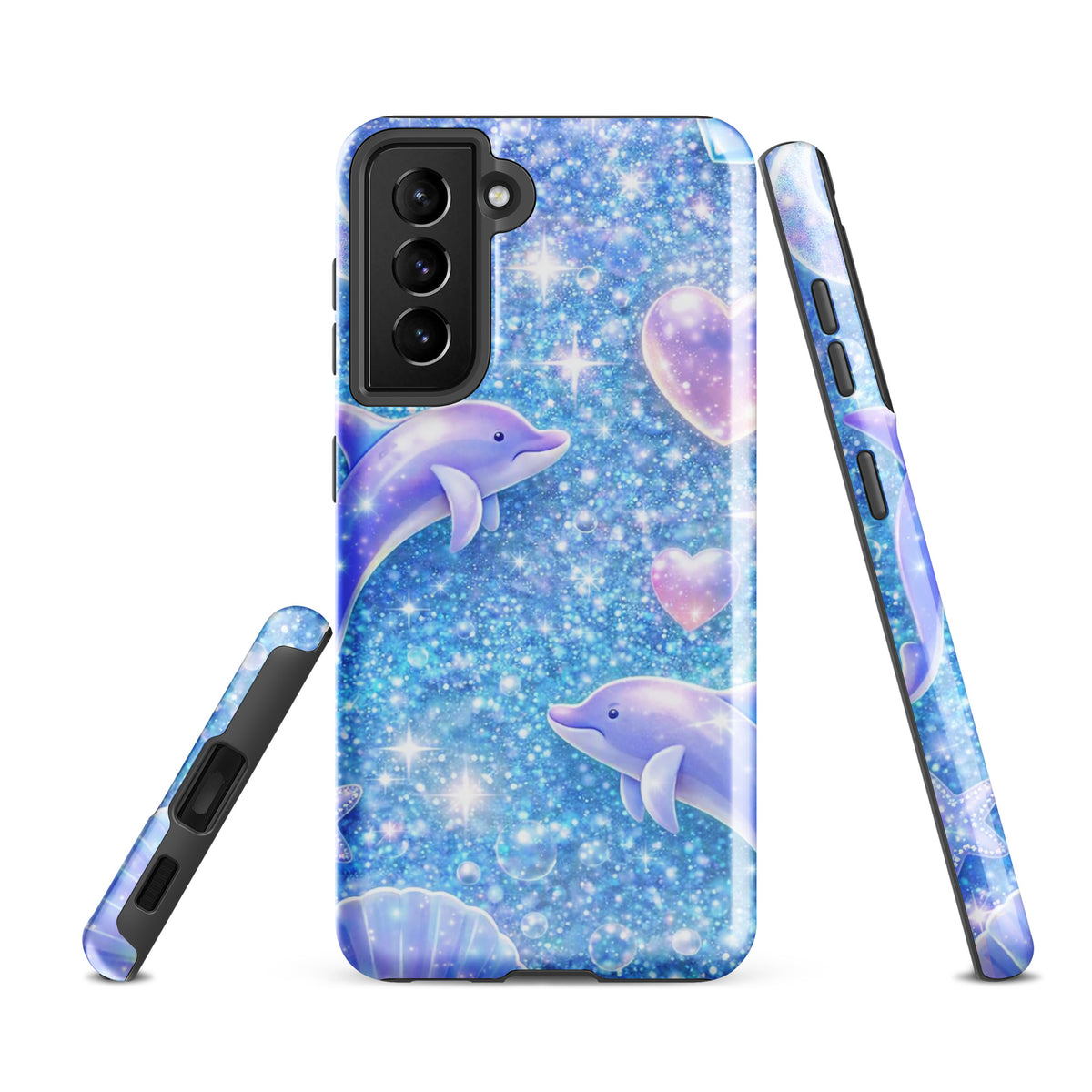 Phone Case for Samsung Galaxy with Ocean Glitter Dolphins design, featuring floating dolphins, moons, and shells on a sparkling background.