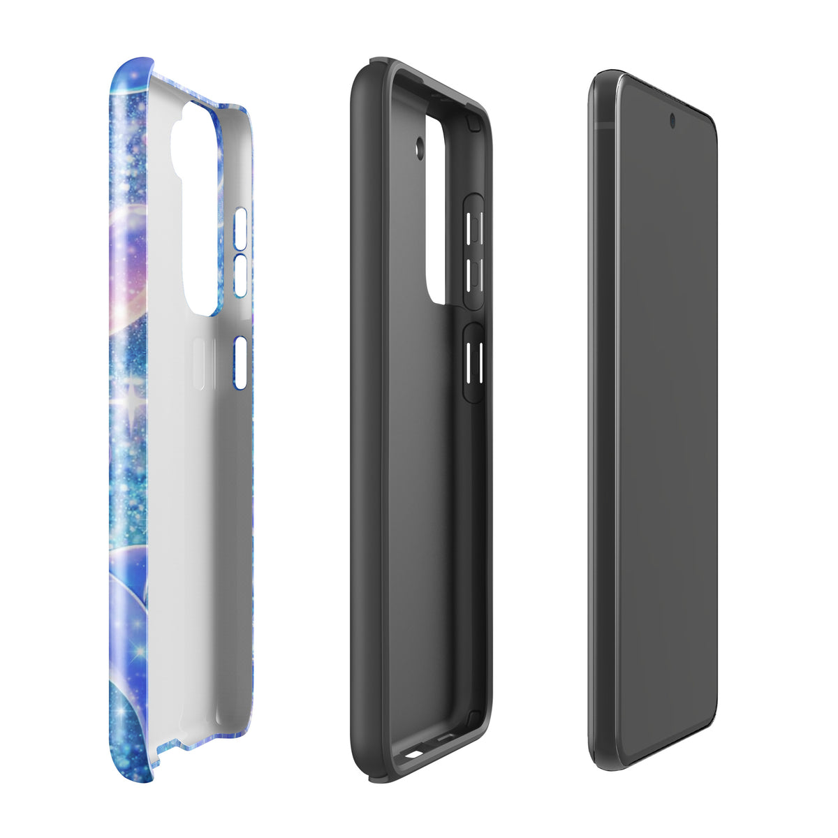 Phone Case for Samsung Galaxy with ocean glitter and dolphin design, featuring floating celestial accents and shimmering liquid glitter.