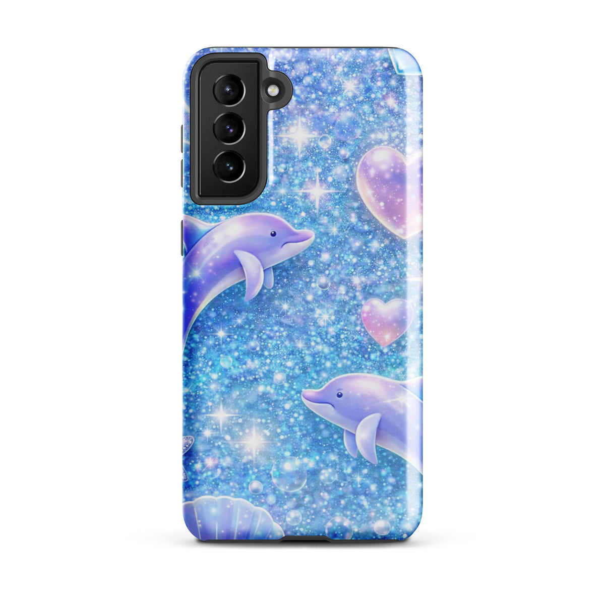 Phone Case for Samsung Galaxy with Ocean Glitter Dolphins design, featuring shimmering glitter, dolphins, and celestial elements.