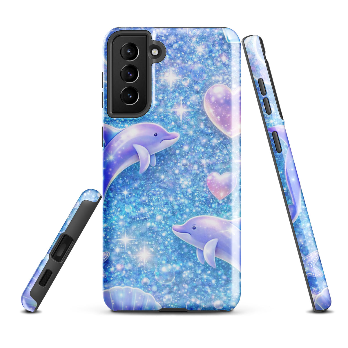 Phone Case for Samsung Galaxy with Ocean Glitter Dolphins design, featuring floating dolphins, pastel moons, and celestial accents.