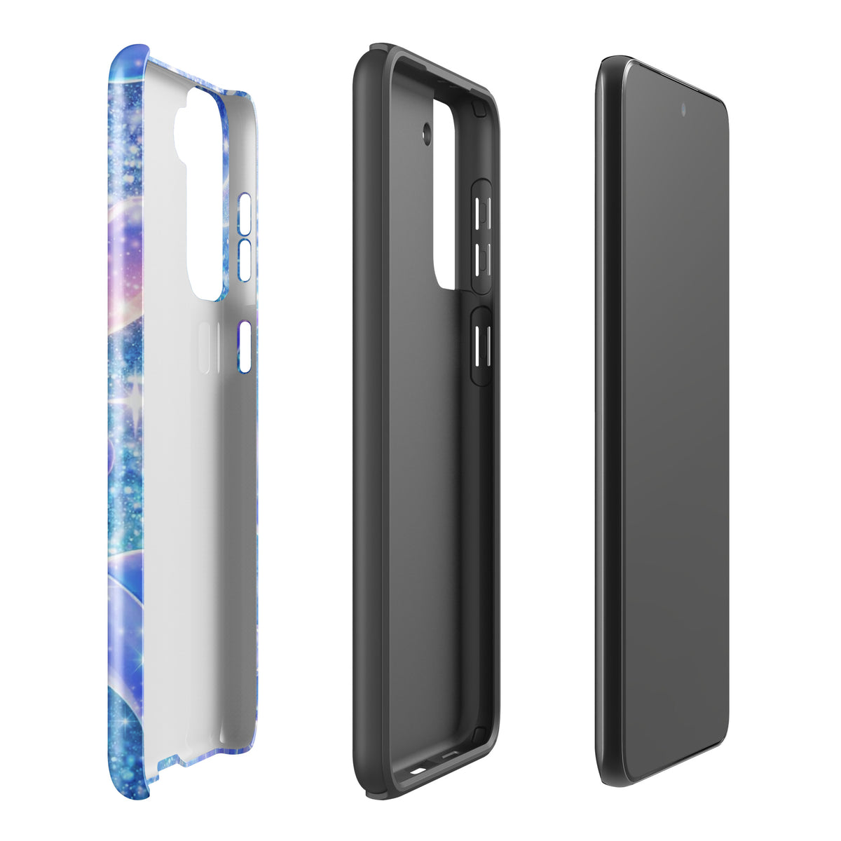 Phone Case for Samsung Galaxy with ocean glitter dolphins and celestial design, showcasing shimmering liquid glitter and pastel accents.