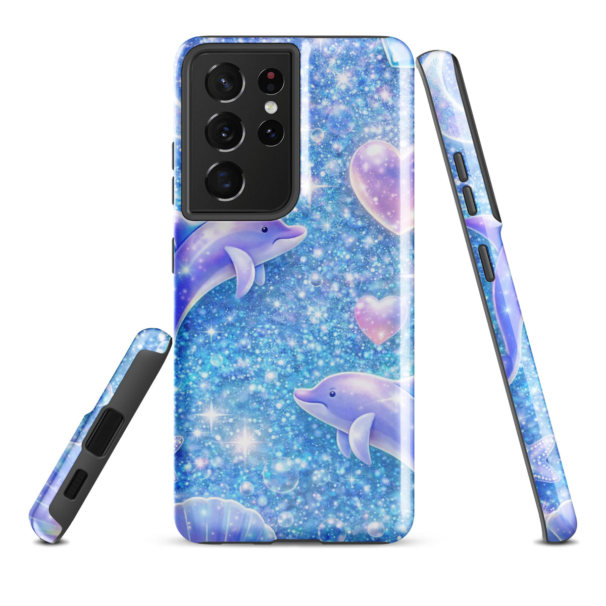 Phone Case for Samsung Galaxy with Ocean Glitter Dolphins design, featuring floating dolphins, pastel hearts, and shimmering glitter.