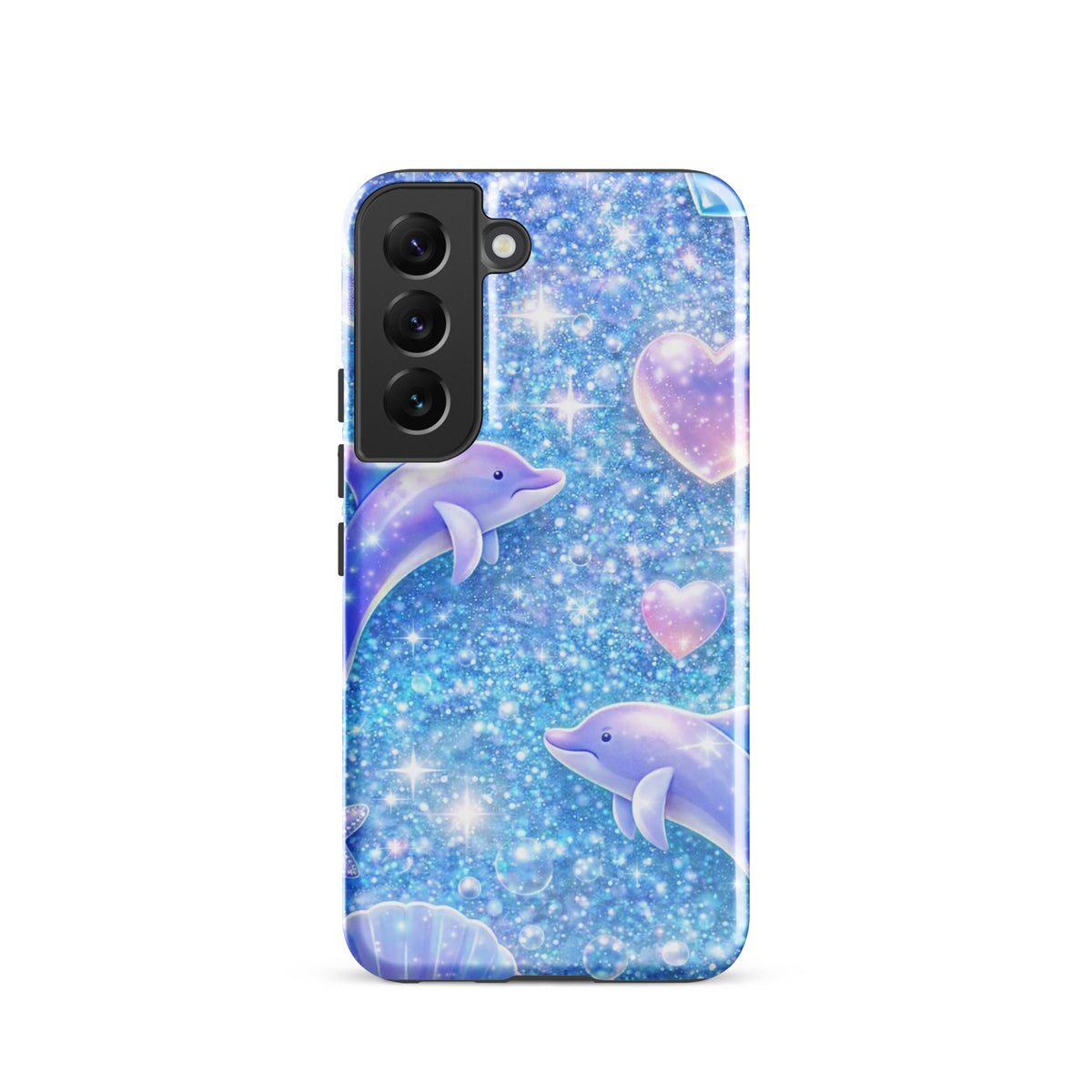 Phone Case for Samsung Galaxy with ocean glitter design featuring dolphins, sparkling stars, and pastel accents.