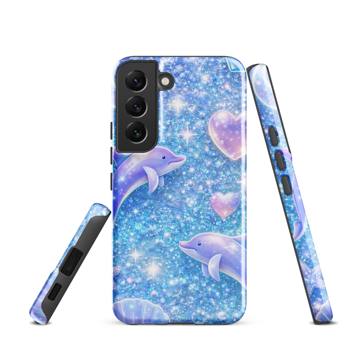 Phone Case for Samsung Galaxy with Ocean Glitter Dolphins design featuring floating dolphins and glittering celestial accents.