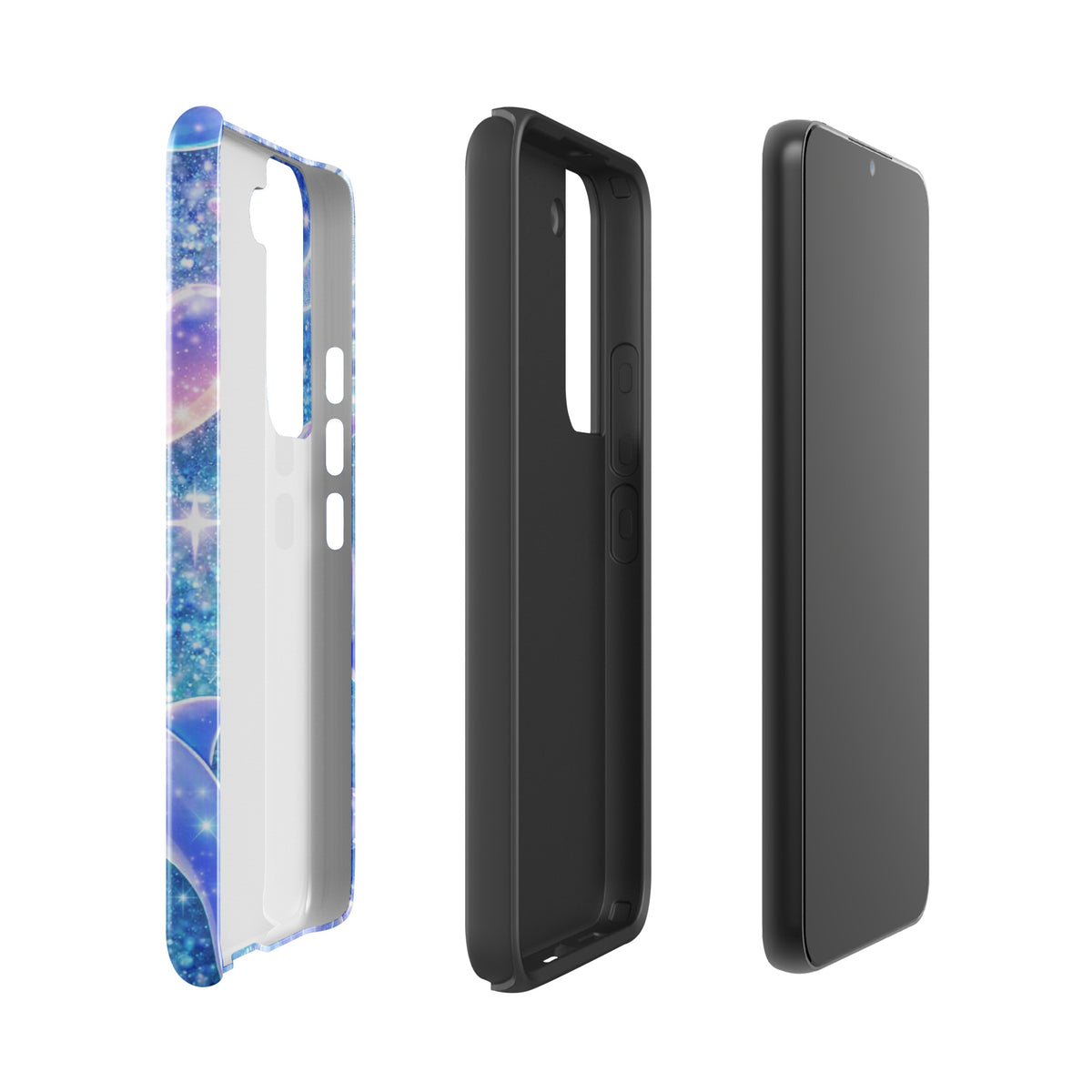 Phone Case for Samsung Galaxy with Ocean Glitter Dolphins design, showcasing sparkling liquid glitter, pastel moons, and floating dolphins.