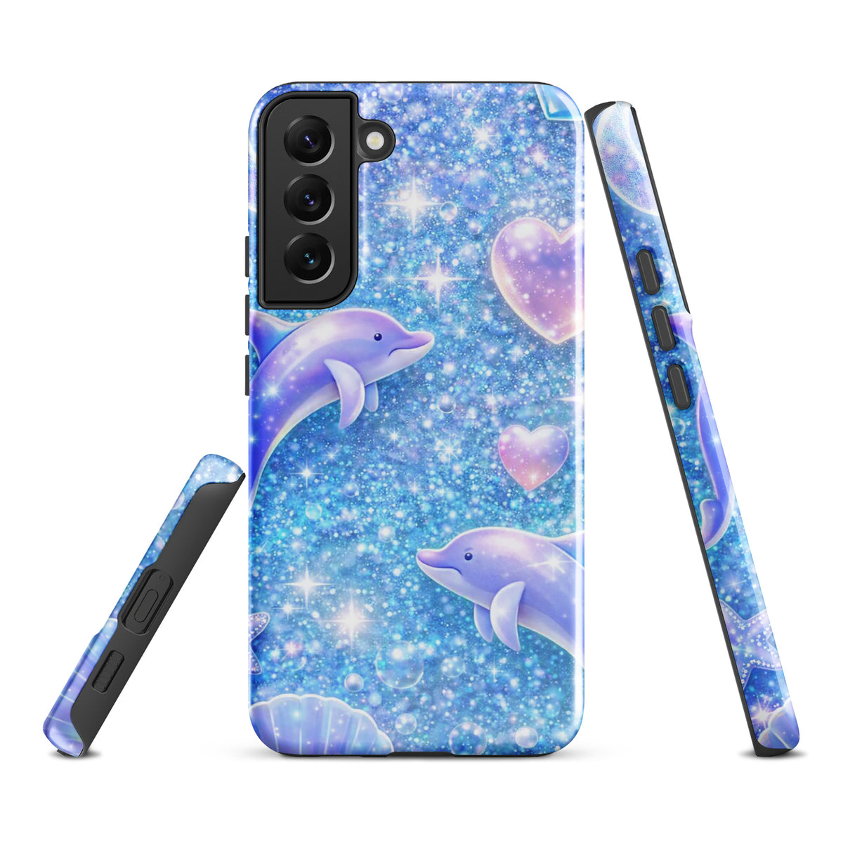 Phone Case for Samsung Galaxy with Ocean Glitter Dolphins design featuring shimmering glitter, dolphins, and celestial accents.