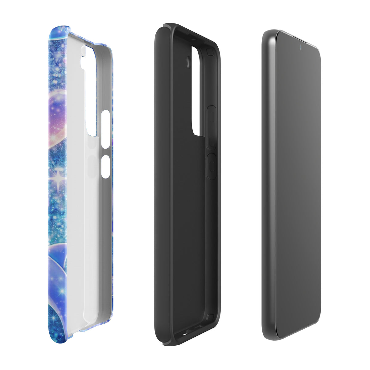 Phone Case for Samsung Galaxy - Ocean Glitter design with dolphins and celestial accents displayed in three angles.