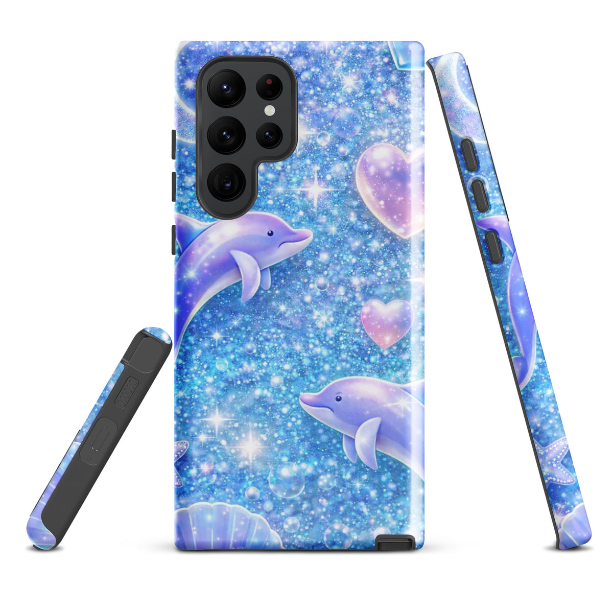 Phone Case for Samsung Galaxy - Ocean Glitter Dolphins with shimmering glitter, floating dolphins, and celestial accents