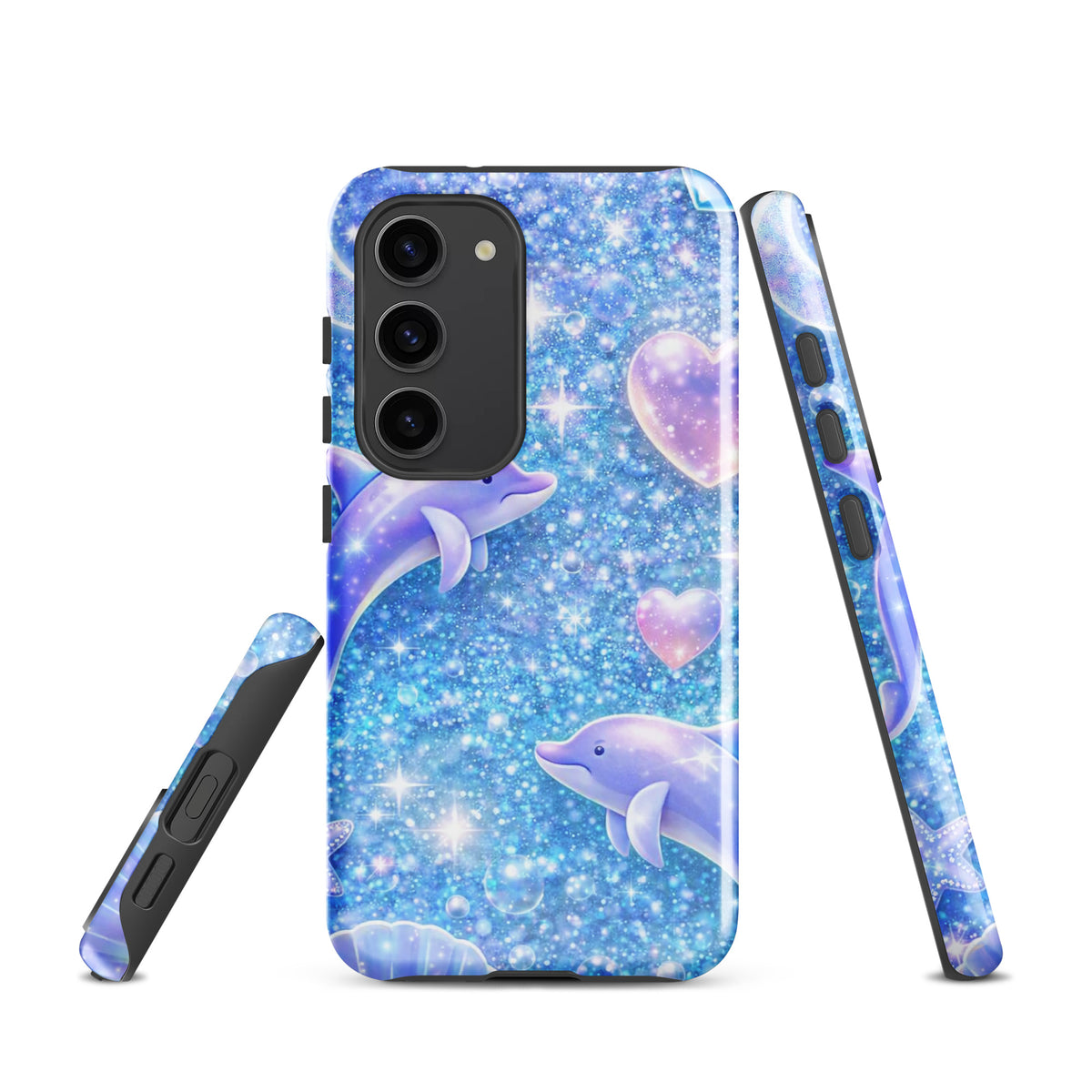 Phone Case for Samsung Galaxy with ocean glitter design featuring dolphins and celestial accents.
