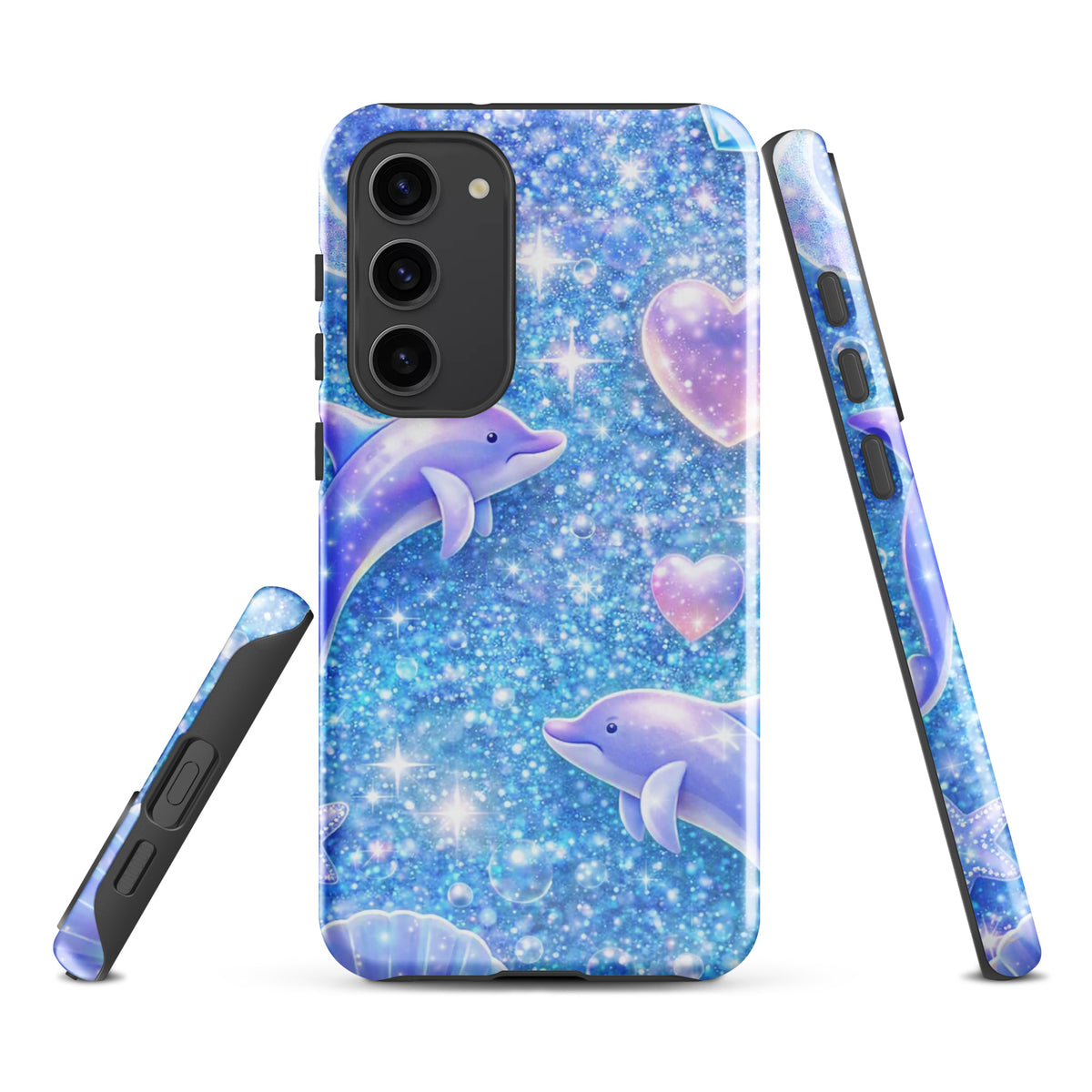Phone Case for Samsung Galaxy with Ocean Glitter Dolphins design featuring sparkling glitter, dolphins, pastel moons, and celestial accents.