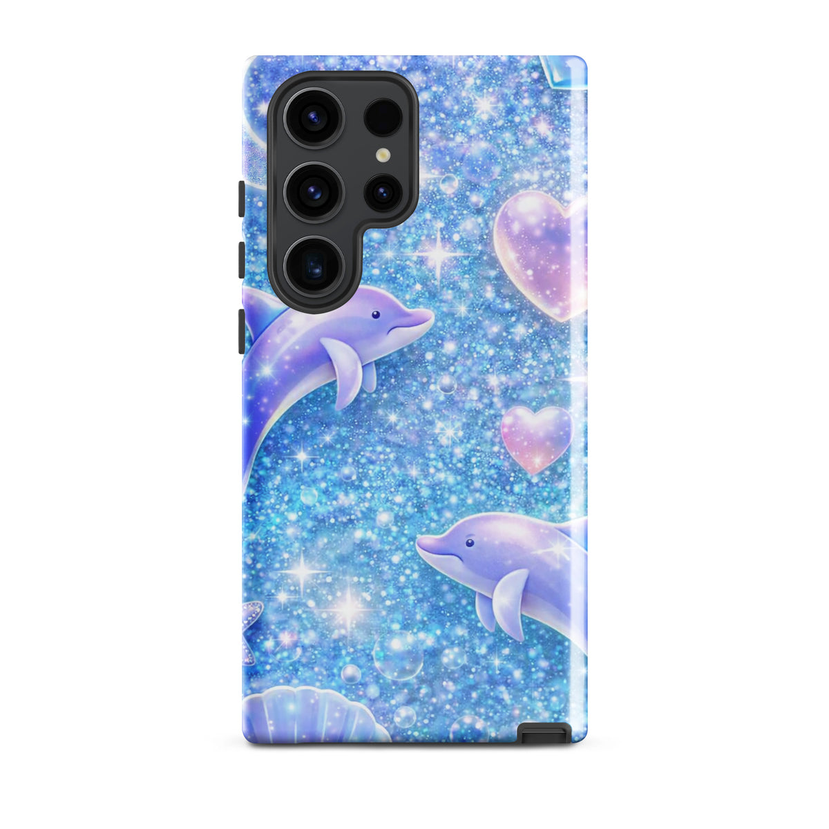 Phone Case for Samsung Galaxy with Ocean Glitter Dolphins design, featuring sparkling glitter, pastel dolphins, and celestial elements.