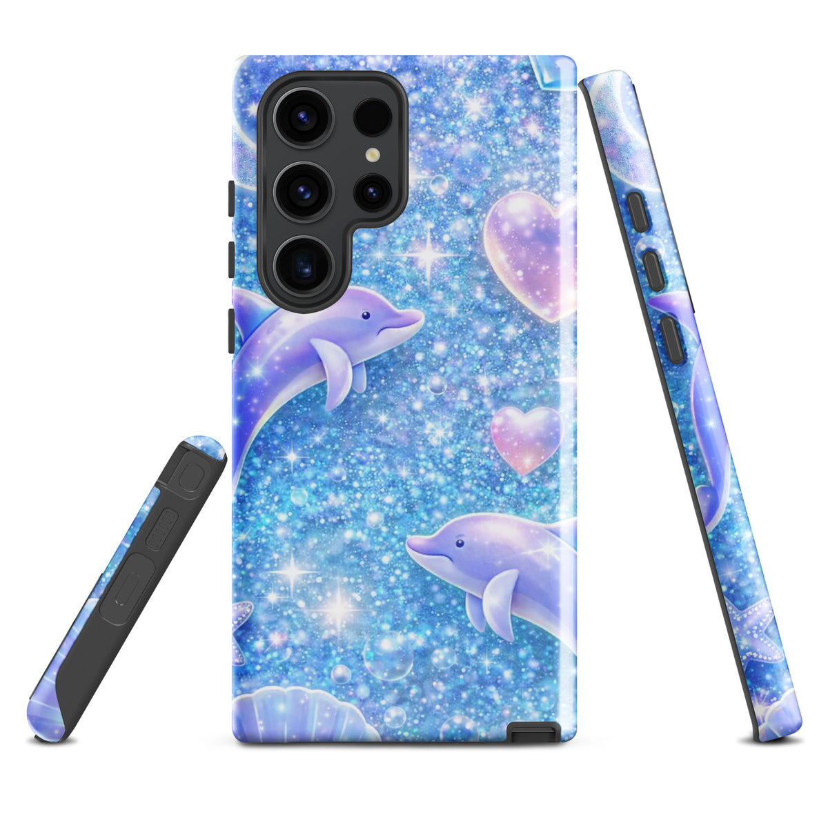 Phone Case for Samsung Galaxy with Ocean Glitter design featuring dolphins, sparkling celestial accents, and shells.