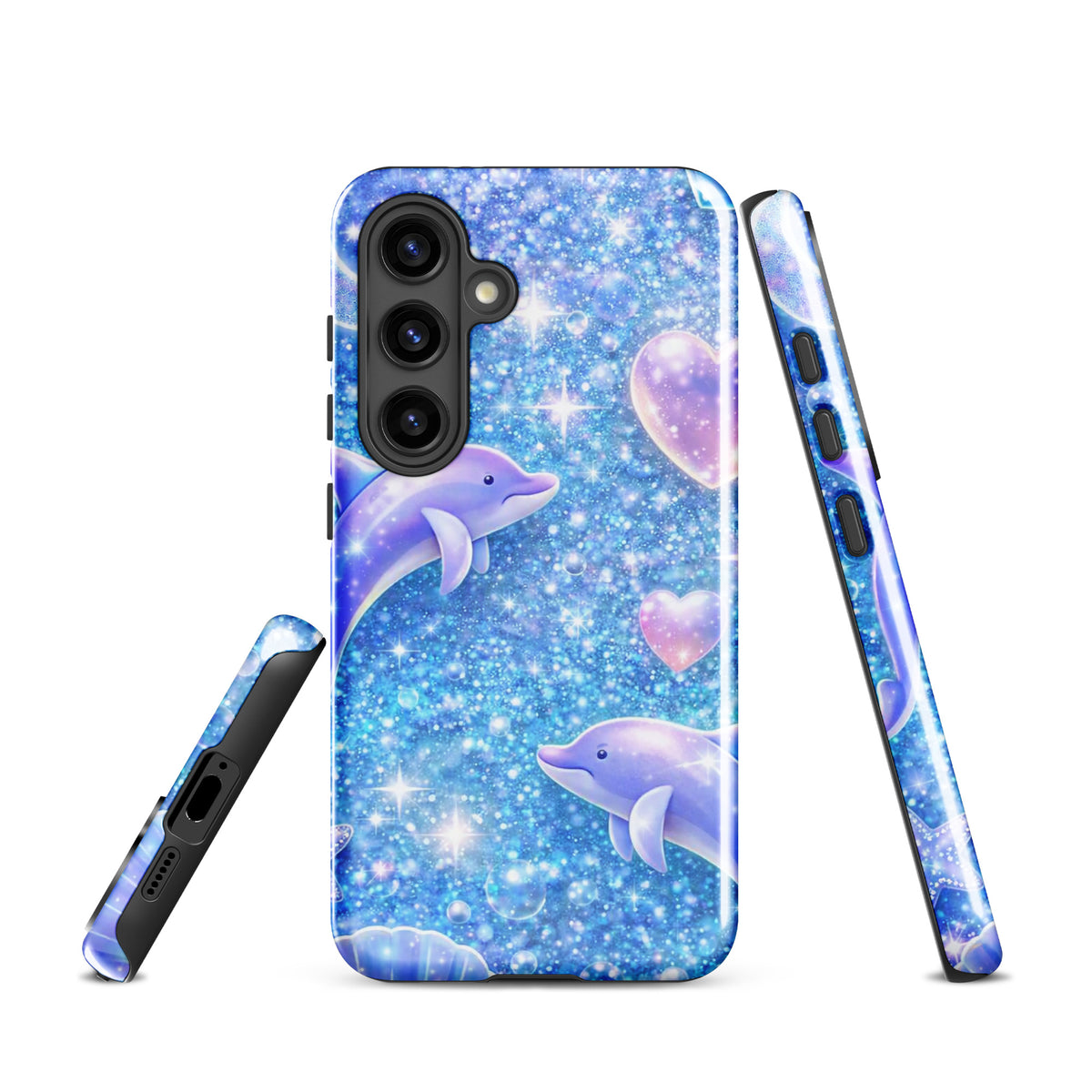 Phone Case for Samsung Galaxy featuring ocean glitter dolphins with pastel moons and tiny shells in a sparkling underwater night design.