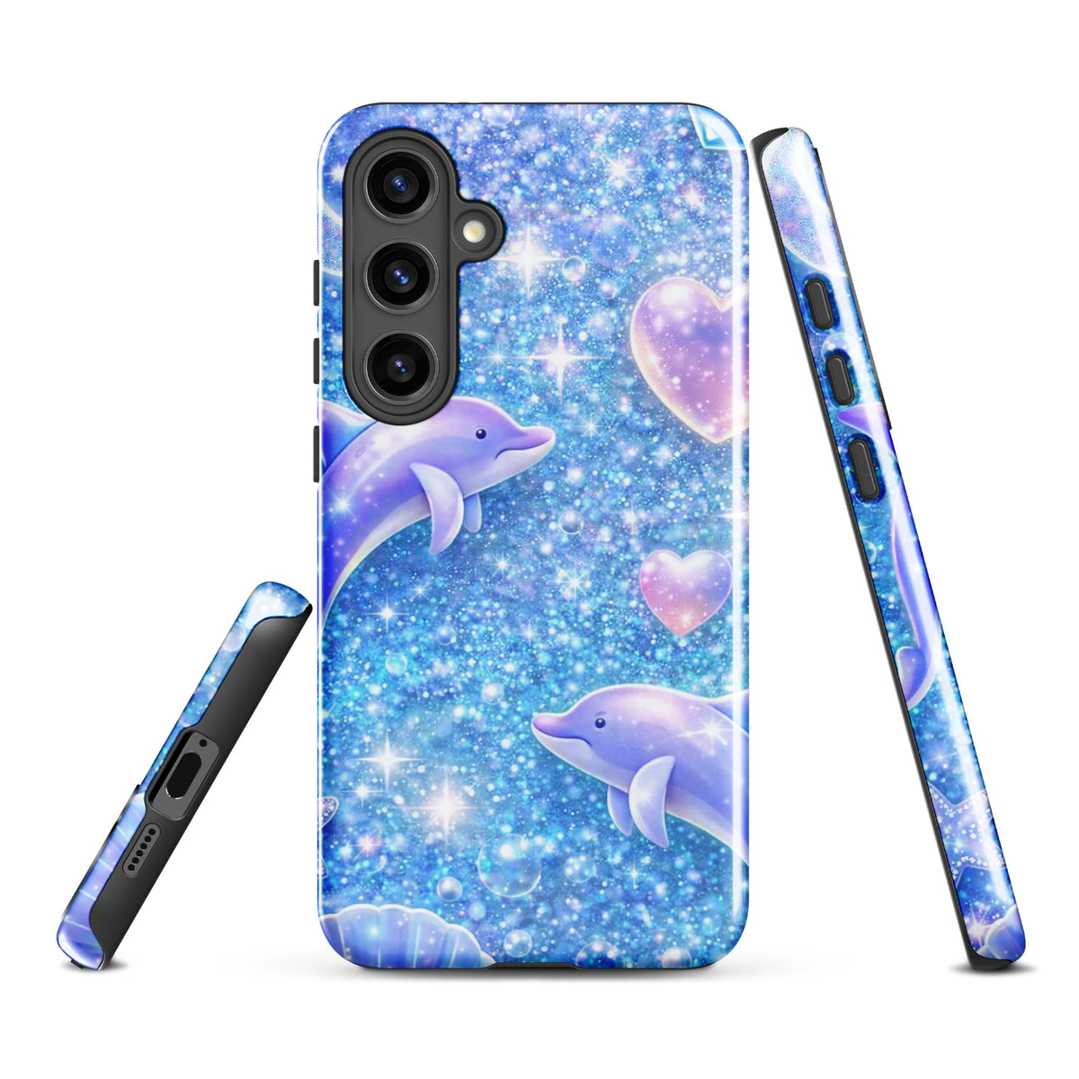 Phone Case for Samsung Galaxy with Ocean Glitter Dolphins design, featuring sparkling glitter and floating dolphins.