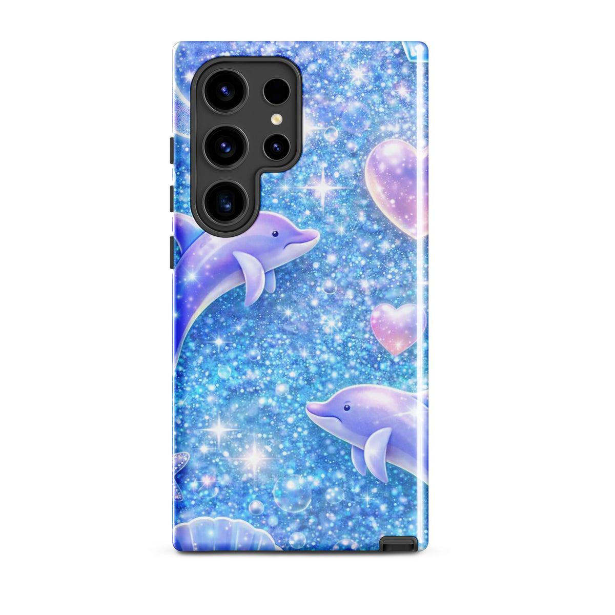 Phone Case for Samsung Galaxy with Ocean Glitter Dolphins design, featuring liquid glitter, floating dolphins, and celestial accents.
