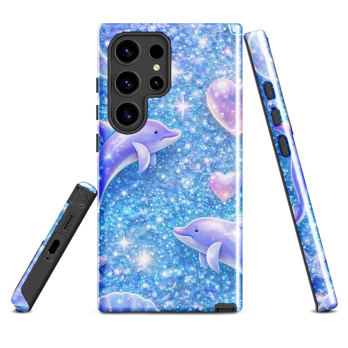 Phone Case for Samsung Galaxy with Ocean Glitter Dolphins design featuring shimmering dolphins, moons, and celestial accents.