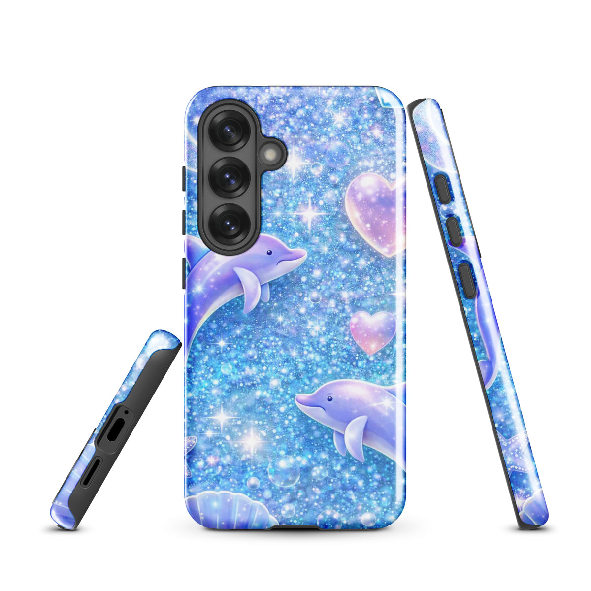 Ocean Glitter Dolphins Phone Case for Samsung Galaxy with sparkling dolphins, pastel moons, and celestial accents.