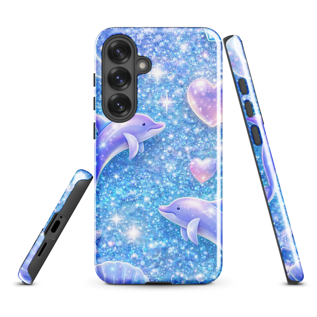 Phone Case for Samsung Galaxy - Ocean Glitter Dolphins design with dolphins, shells, and celestial accents on blue glitter.