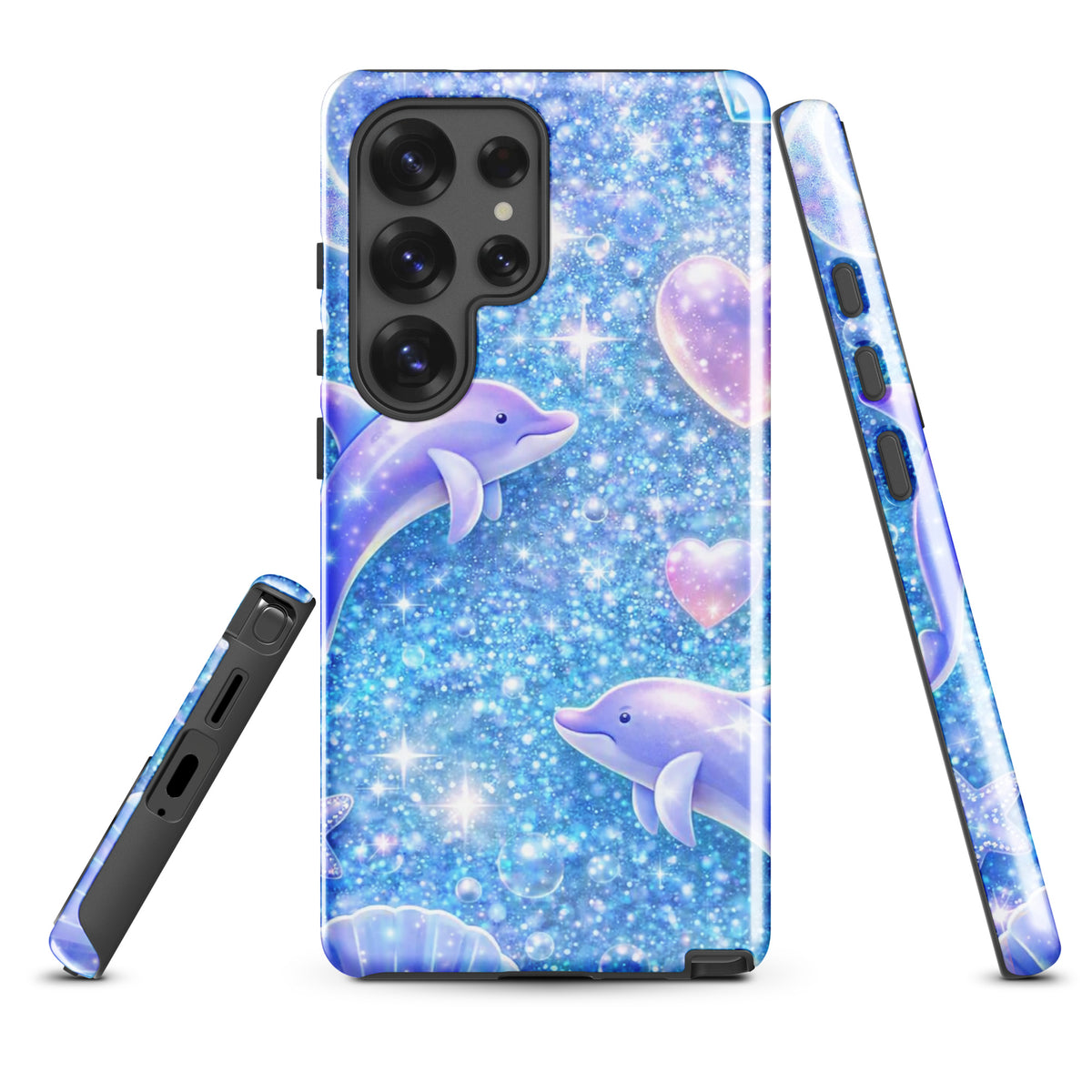 Phone Case for Samsung Galaxy with Ocean Glitter Dolphins design featuring shimmering glitter, dolphins, and celestial accents.