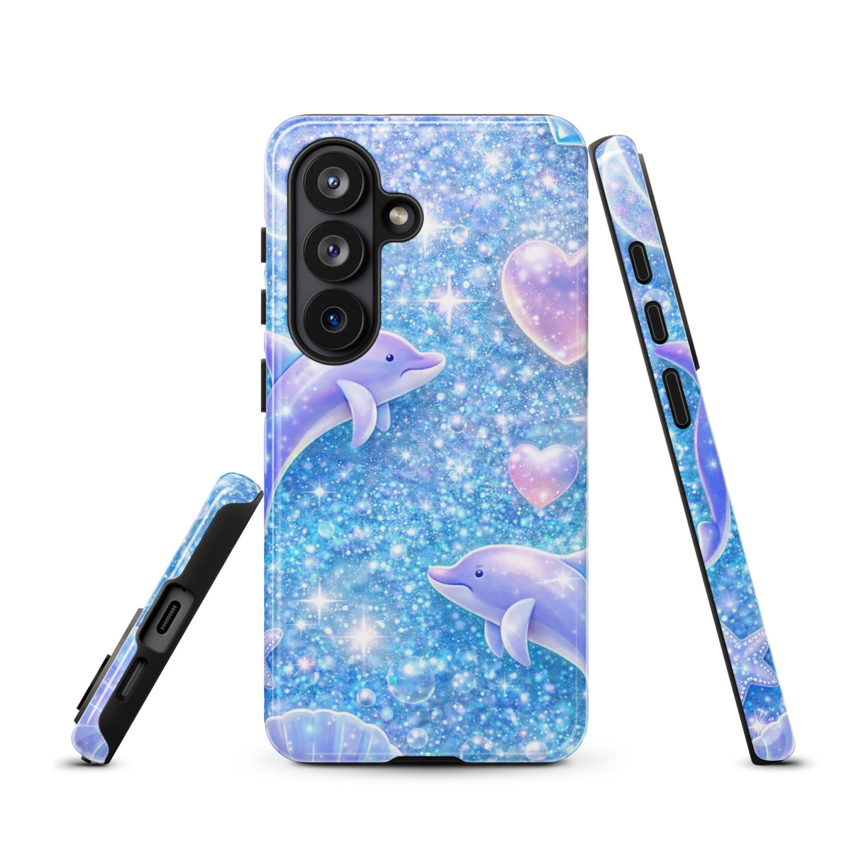 Phone Case for Samsung Galaxy with Ocean Glitter Dolphins, featuring shimmering dolphins, pastel moons, and floating celestial accents.