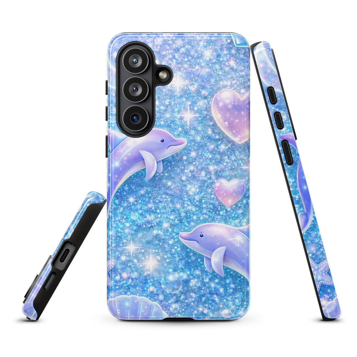Phone Case for Samsung Galaxy with ocean glitter design featuring dolphins, pastel moons, and celestial accents in blue shimmer.