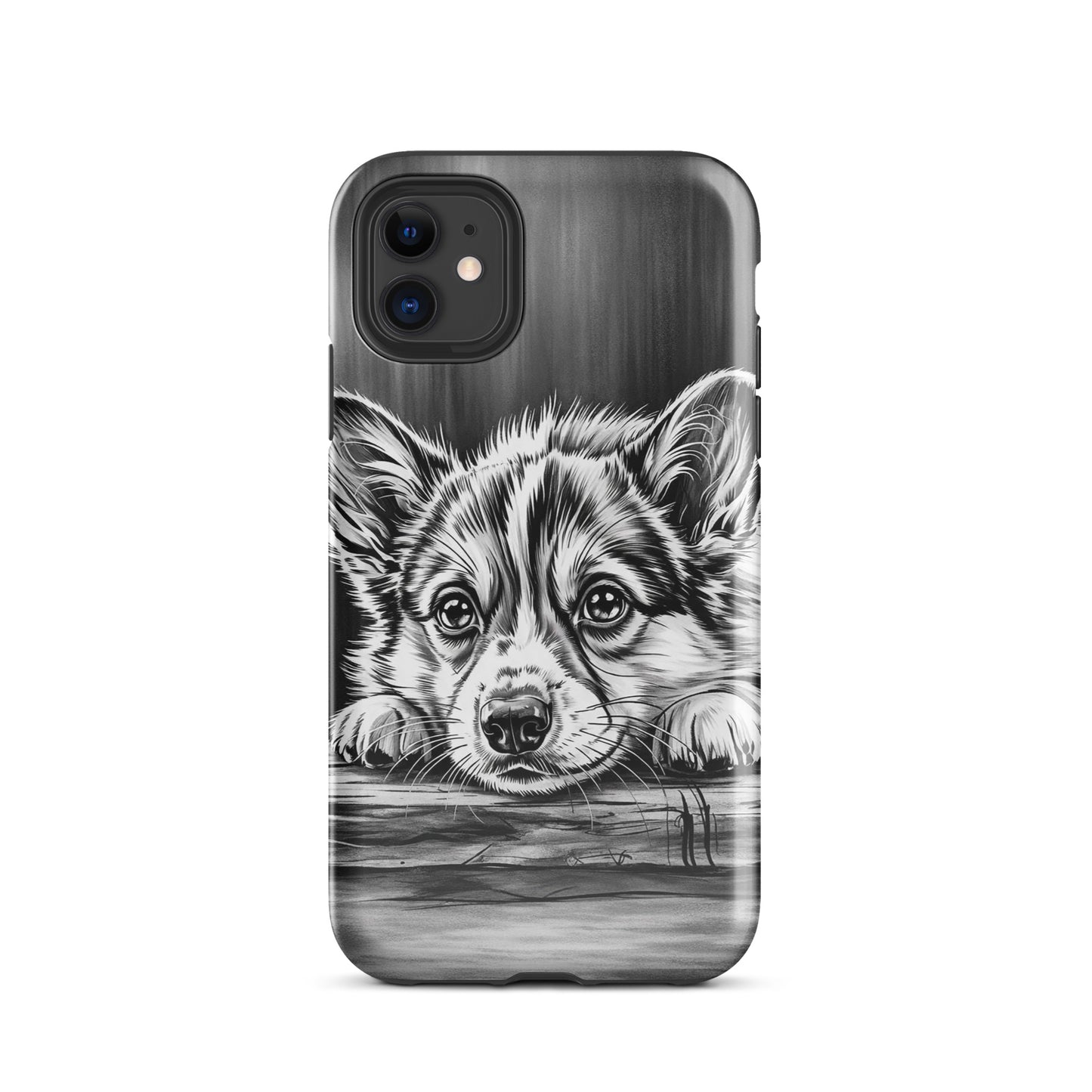 Phone Case for iPhone with elegant puppy art, featuring a detailed black-and-white illustration on aged wood, combines charm and protection.