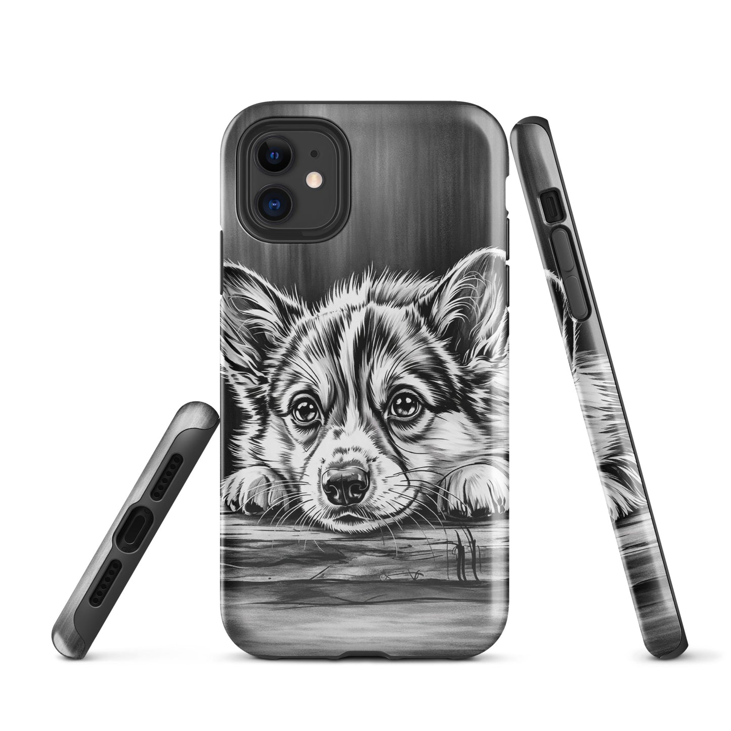 Phone Case with elegant puppy art illustration for iPhone, offering premium protection and refined design in monochrome palette.