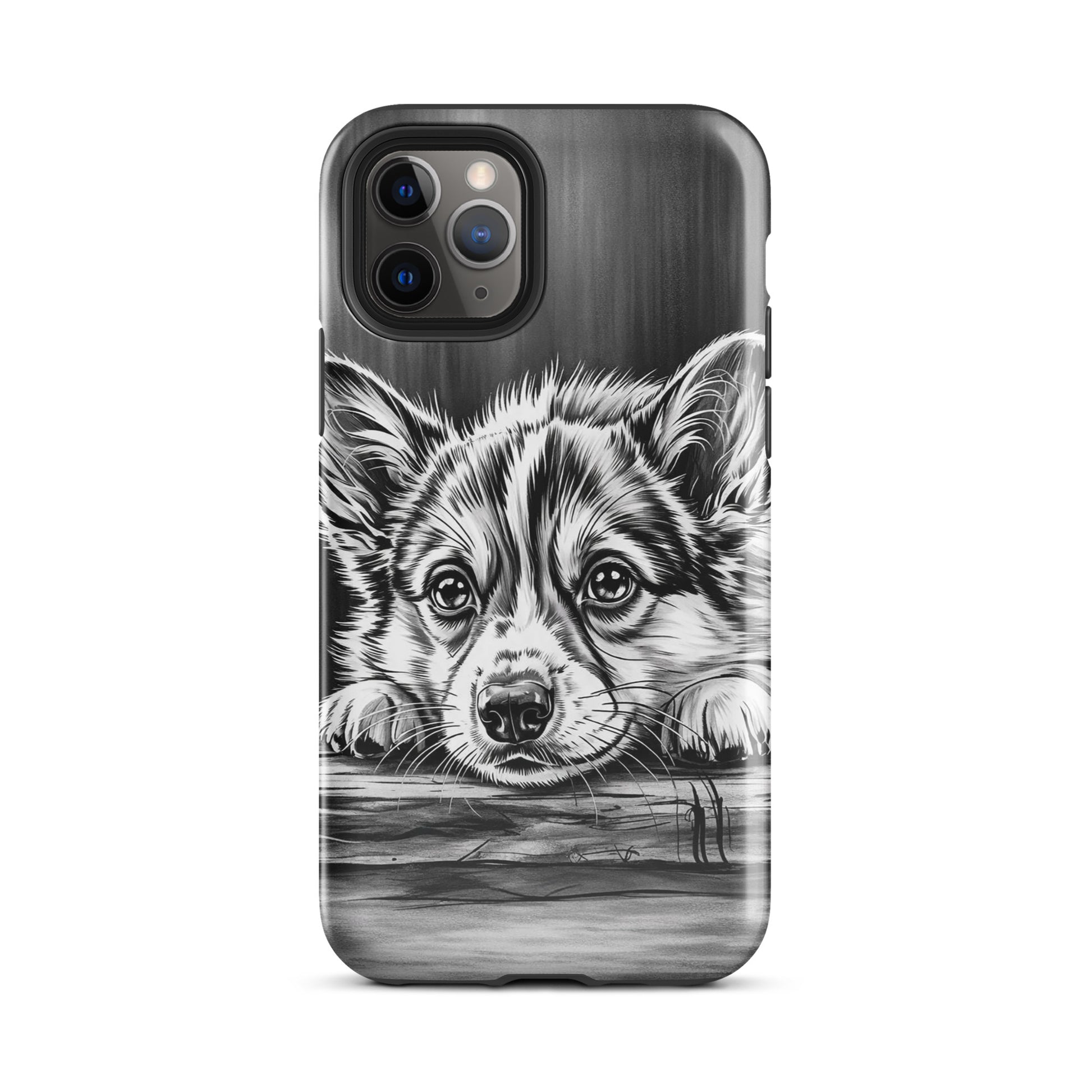 Phone Case with elegant puppy art design for iPhone, featuring black-and-white illustration of puppy on aged wood backdrop.