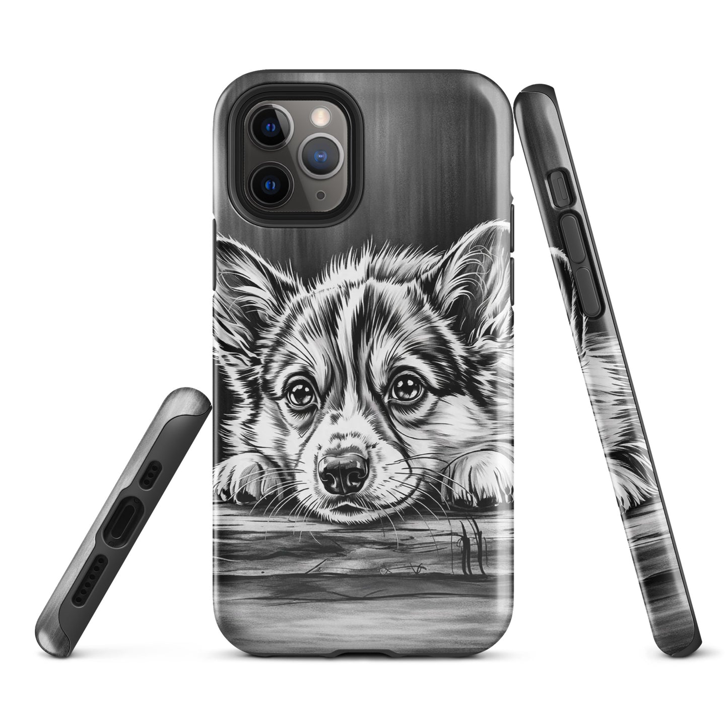 Phone Case for iPhone with elegant black-and-white puppy art offering premium protection and sophisticated style.