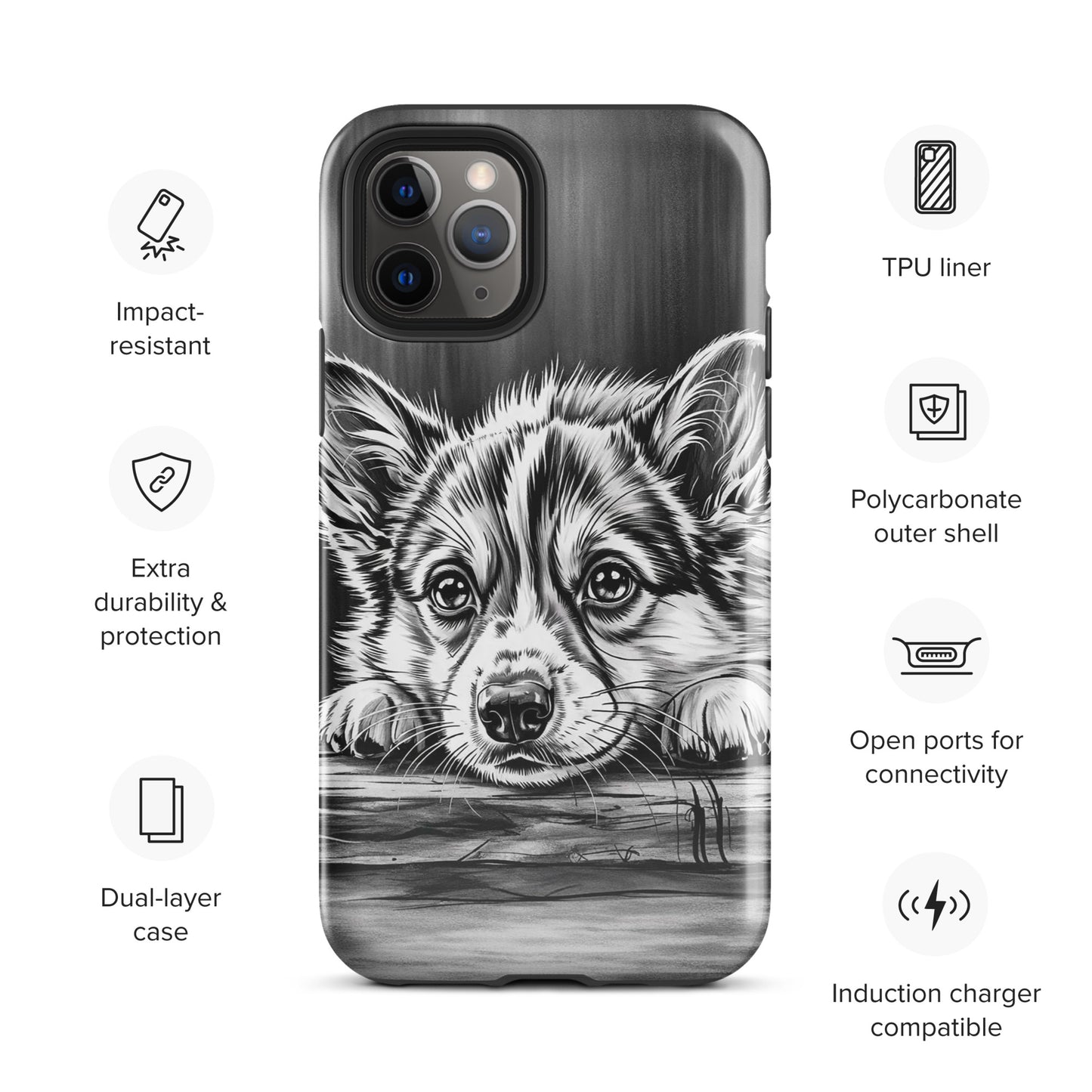 Phone Case with elegant puppy art in black and white, offering premium protection for iPhone with a refined, gallery-style look.