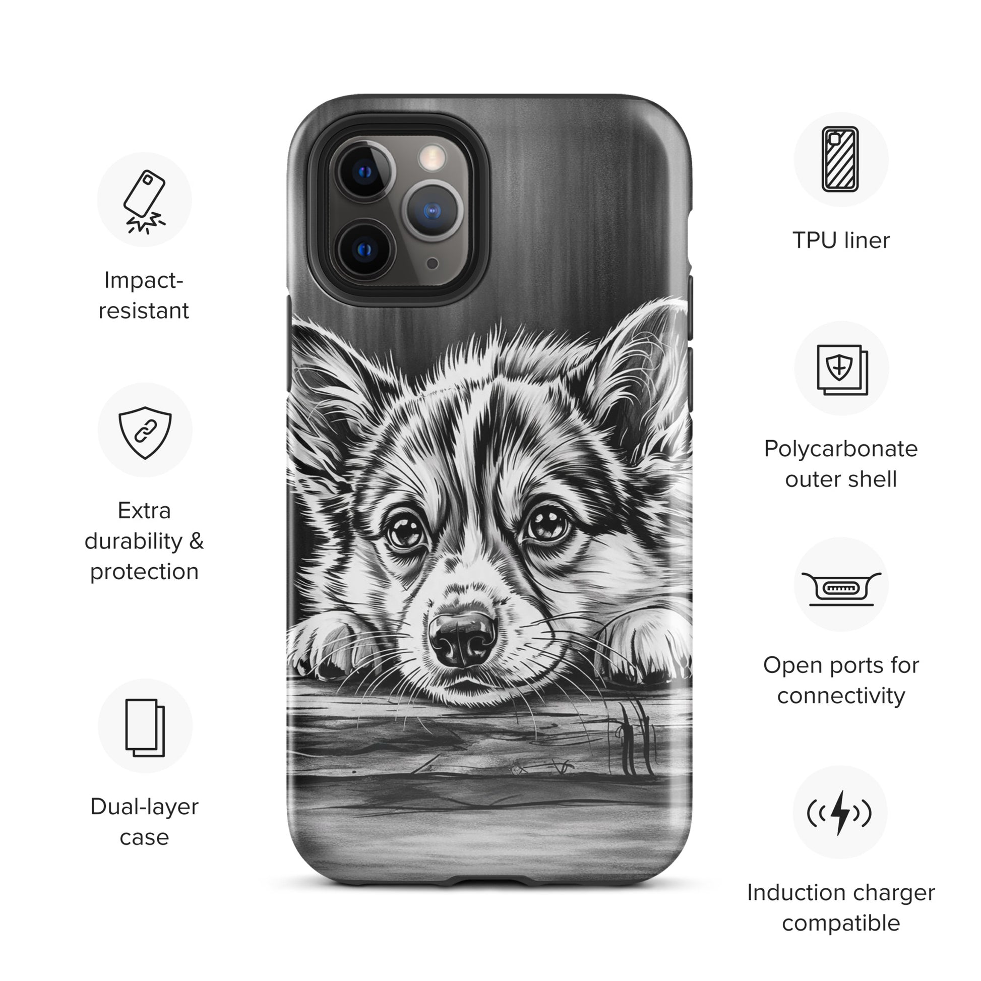 Phone Case with elegant puppy art in black and white, offering premium protection for iPhone with a refined, gallery-style look.