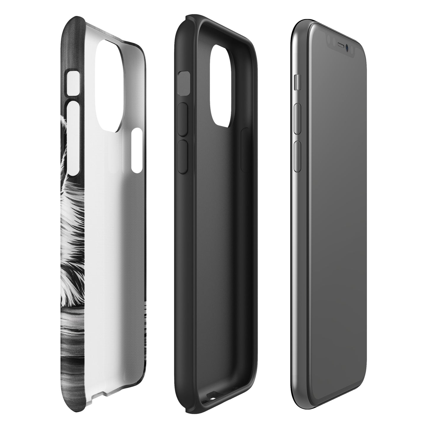 Phone Case for iPhone featuring elegant puppy art with premium protection, showcasing a monochrome puppy illustration on wood background.