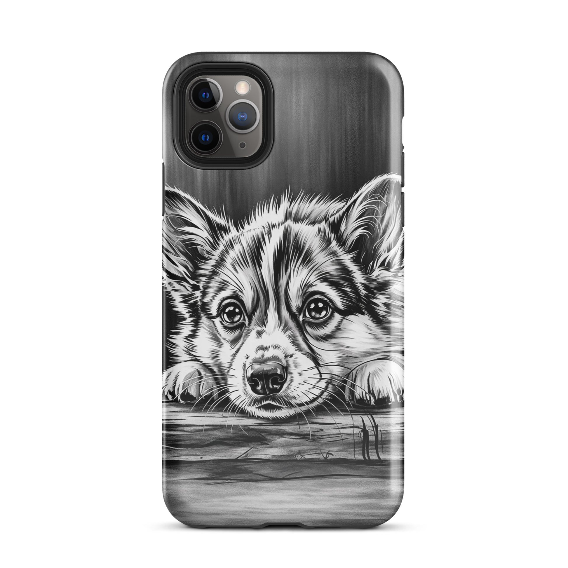Phone Case for iPhone with elegant puppy art in black-and-white, offering premium protection and refined gallery-style design.