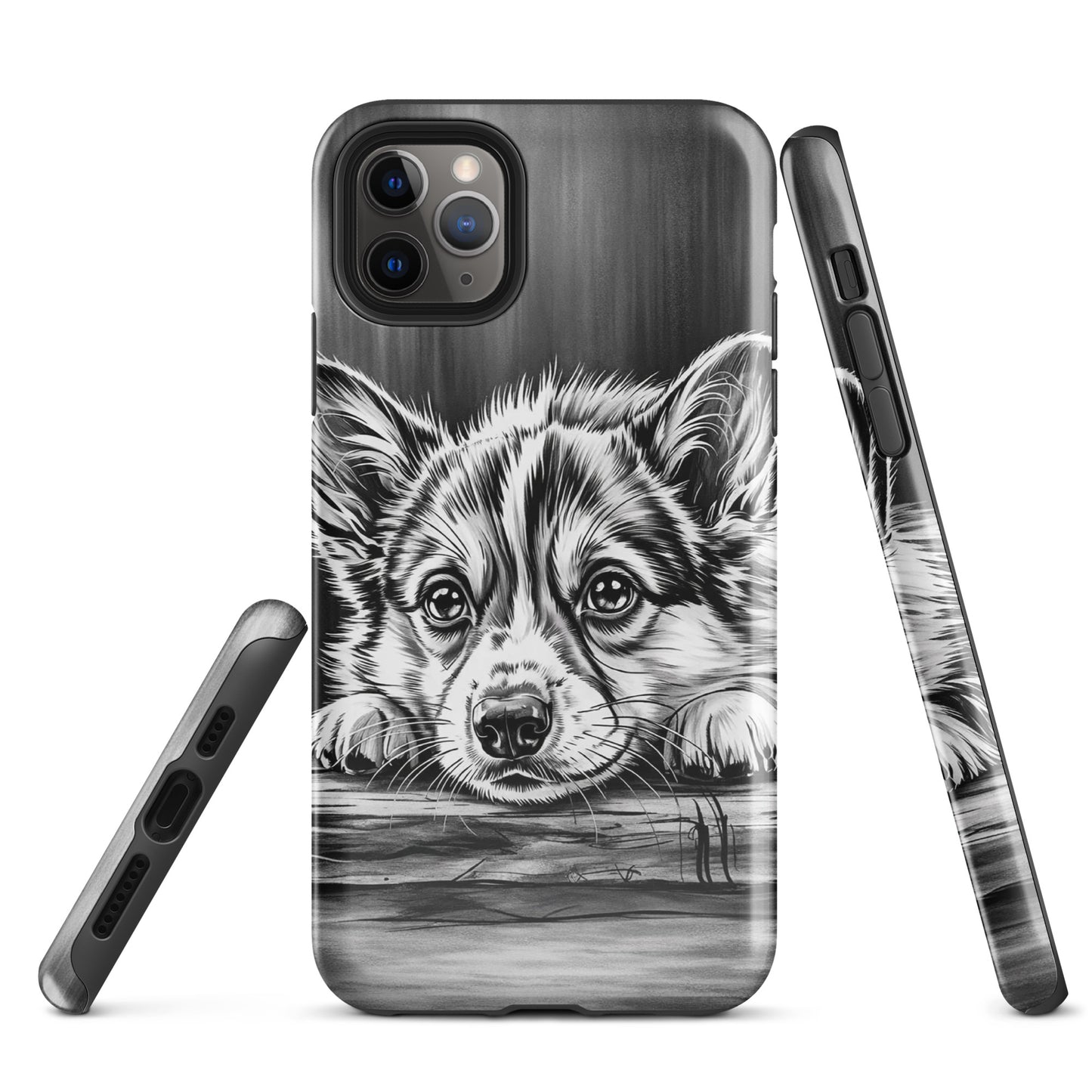 Phone Case for iPhone featuring elegant black-and-white puppy art with protective design against aged wood texture.