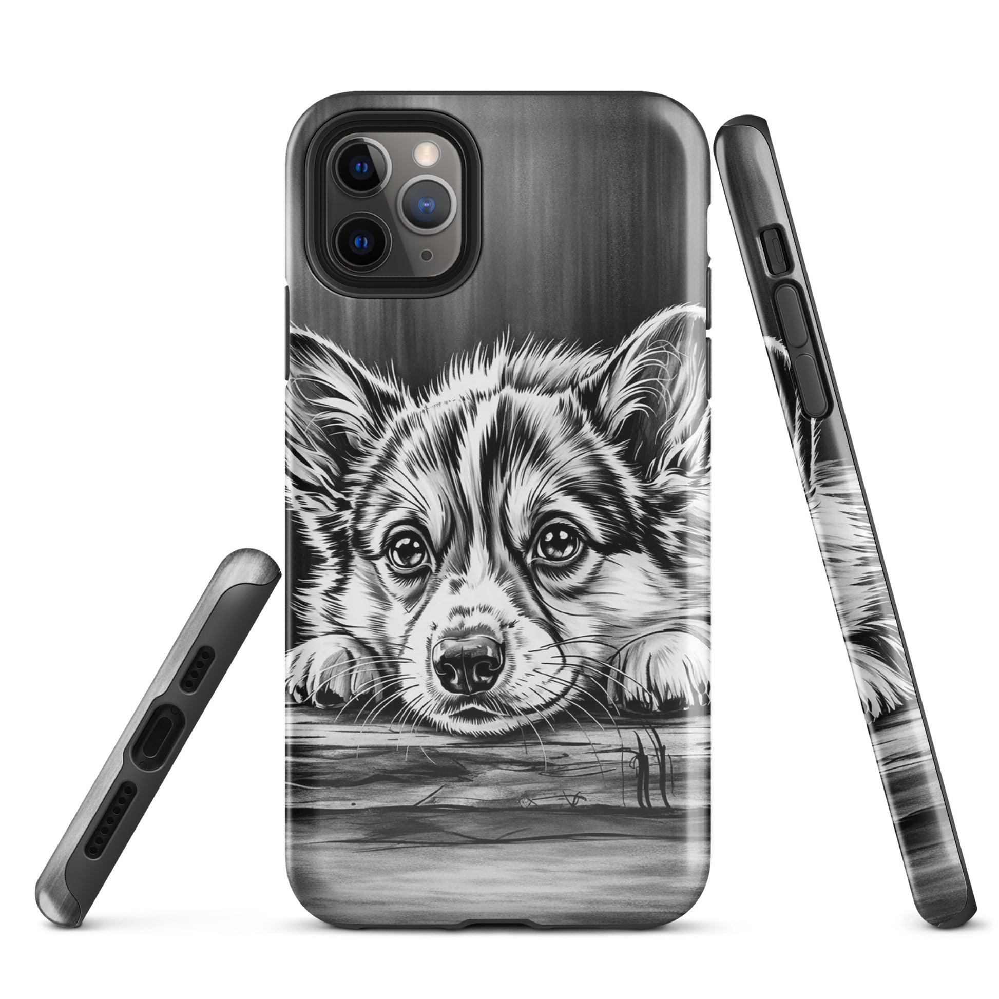 Phone Case for iPhone featuring elegant black-and-white puppy art with protective design against aged wood texture.