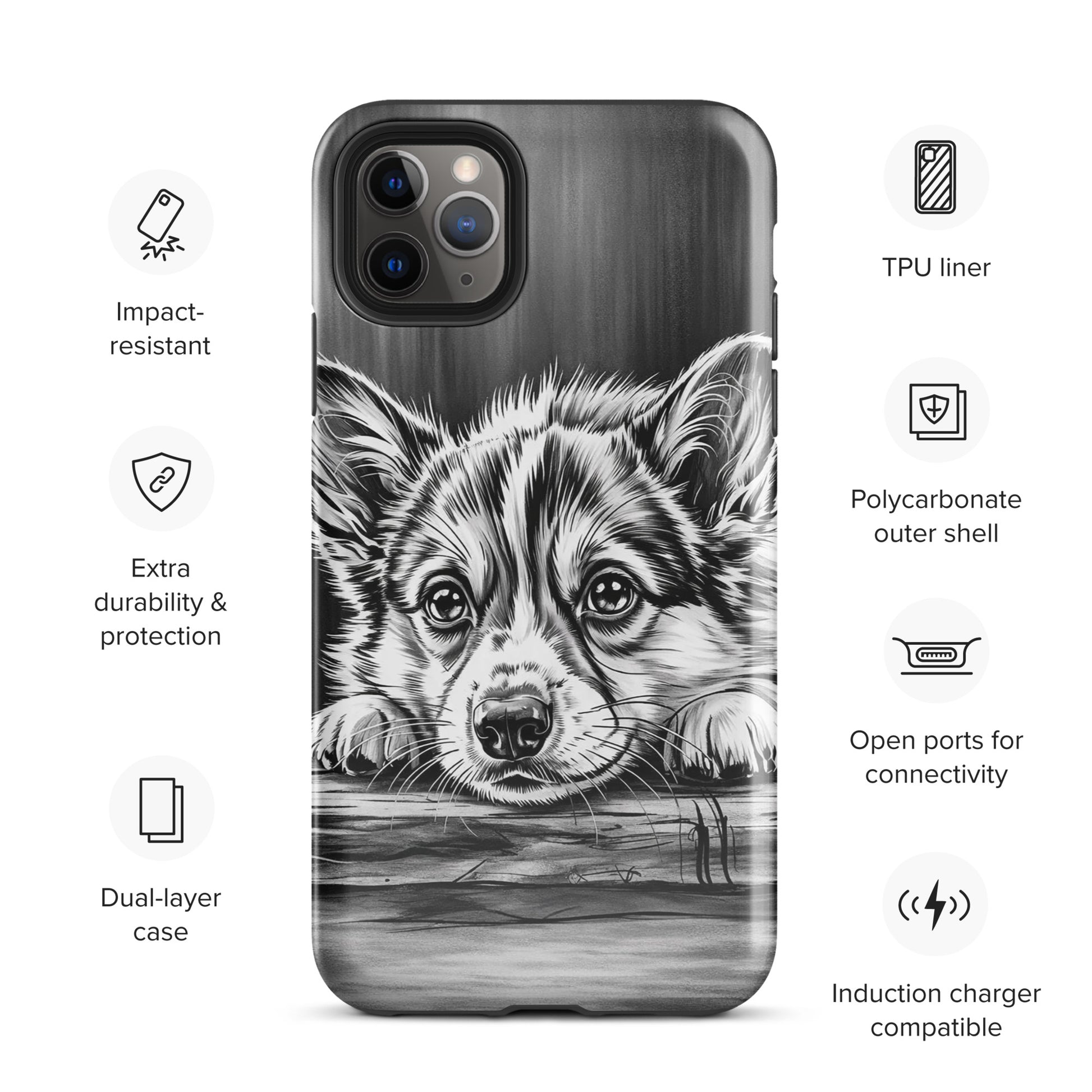 Phone Case for iPhone featuring elegant black-and-white puppy illustration with premium protection and seamless design.