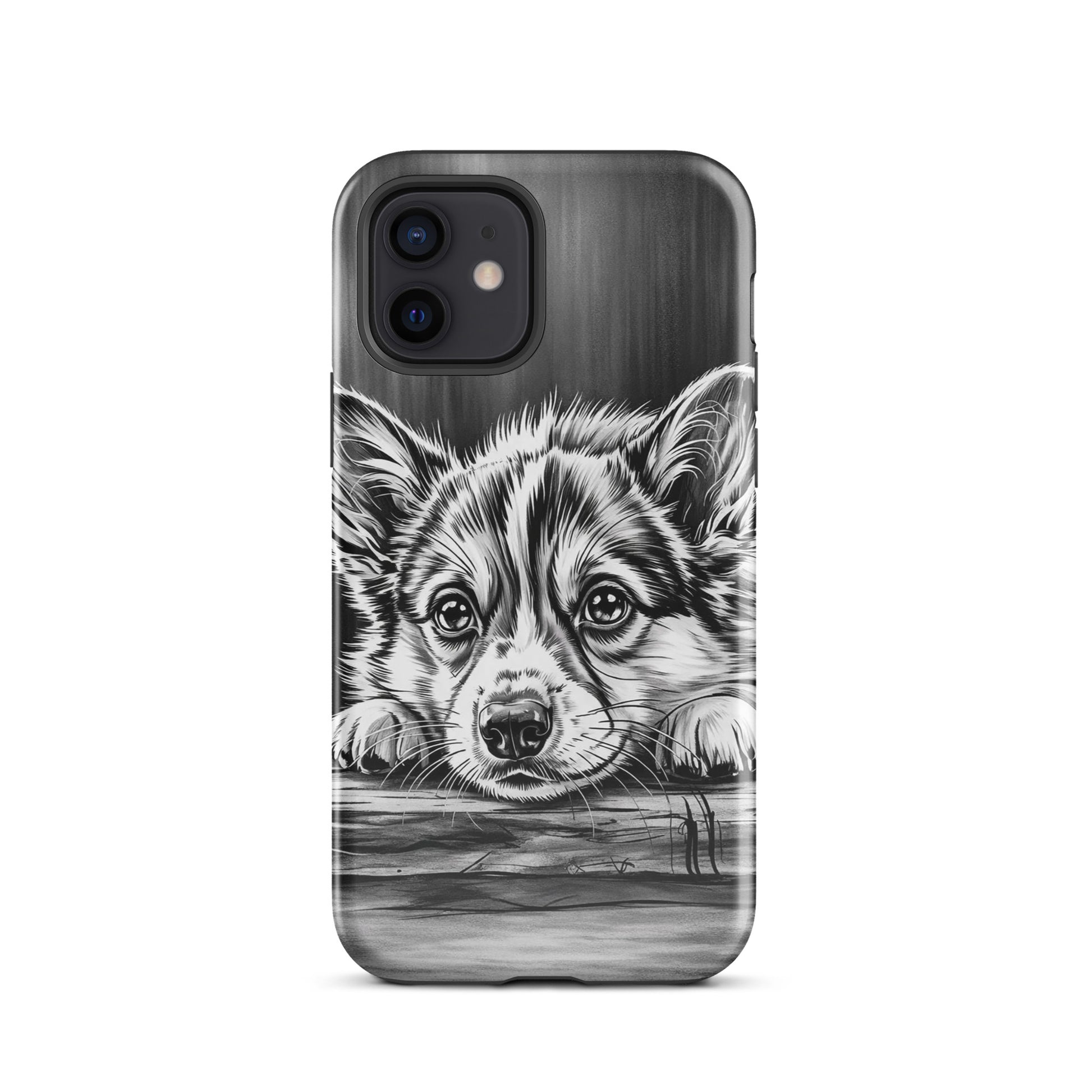 Phone Case for iPhone with elegant black-and-white puppy art on aged wood, offering premium protection and a refined, artistic look.