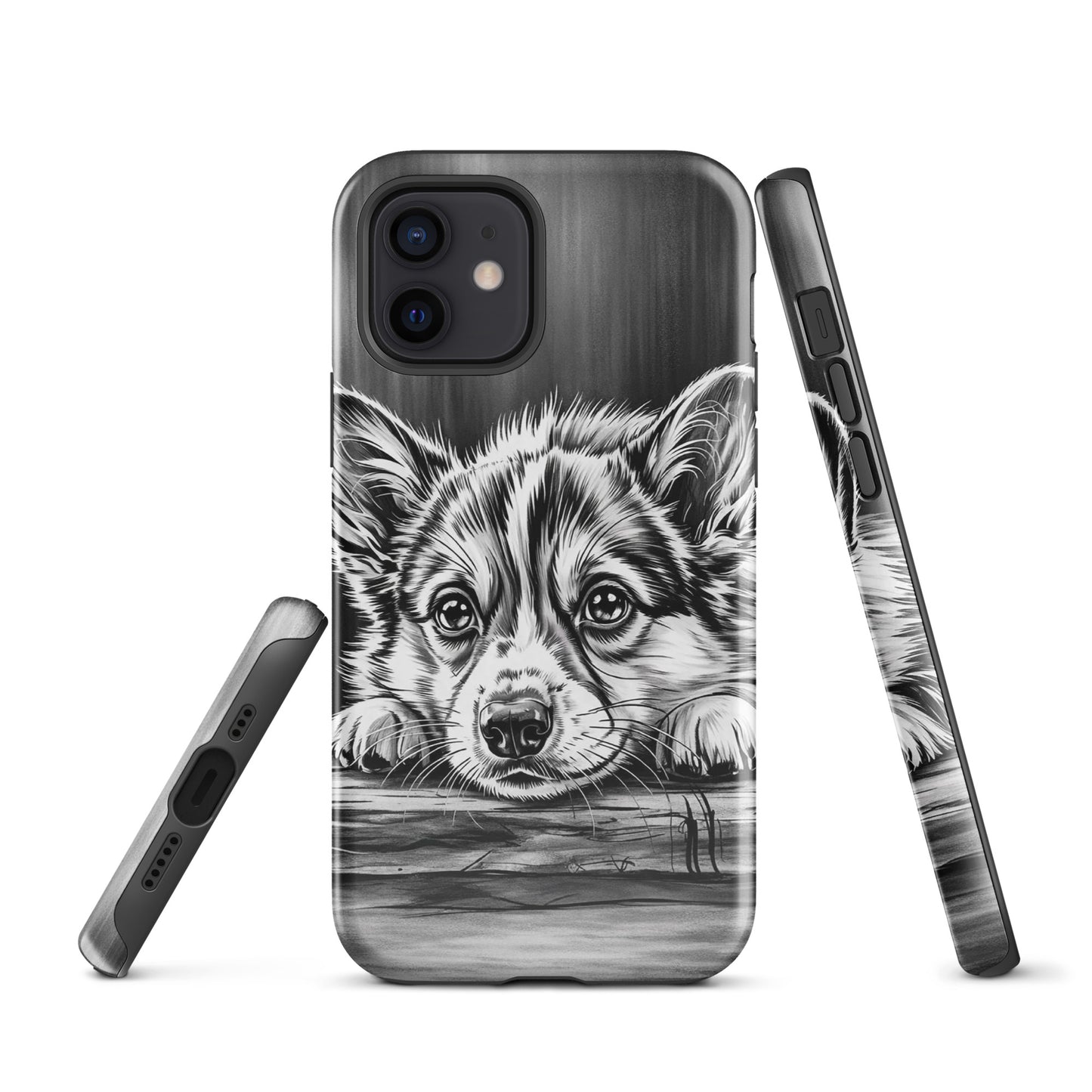 Phone Case for iPhone with elegant puppy art in black and white, offering premium protection and a refined gallery-style look.