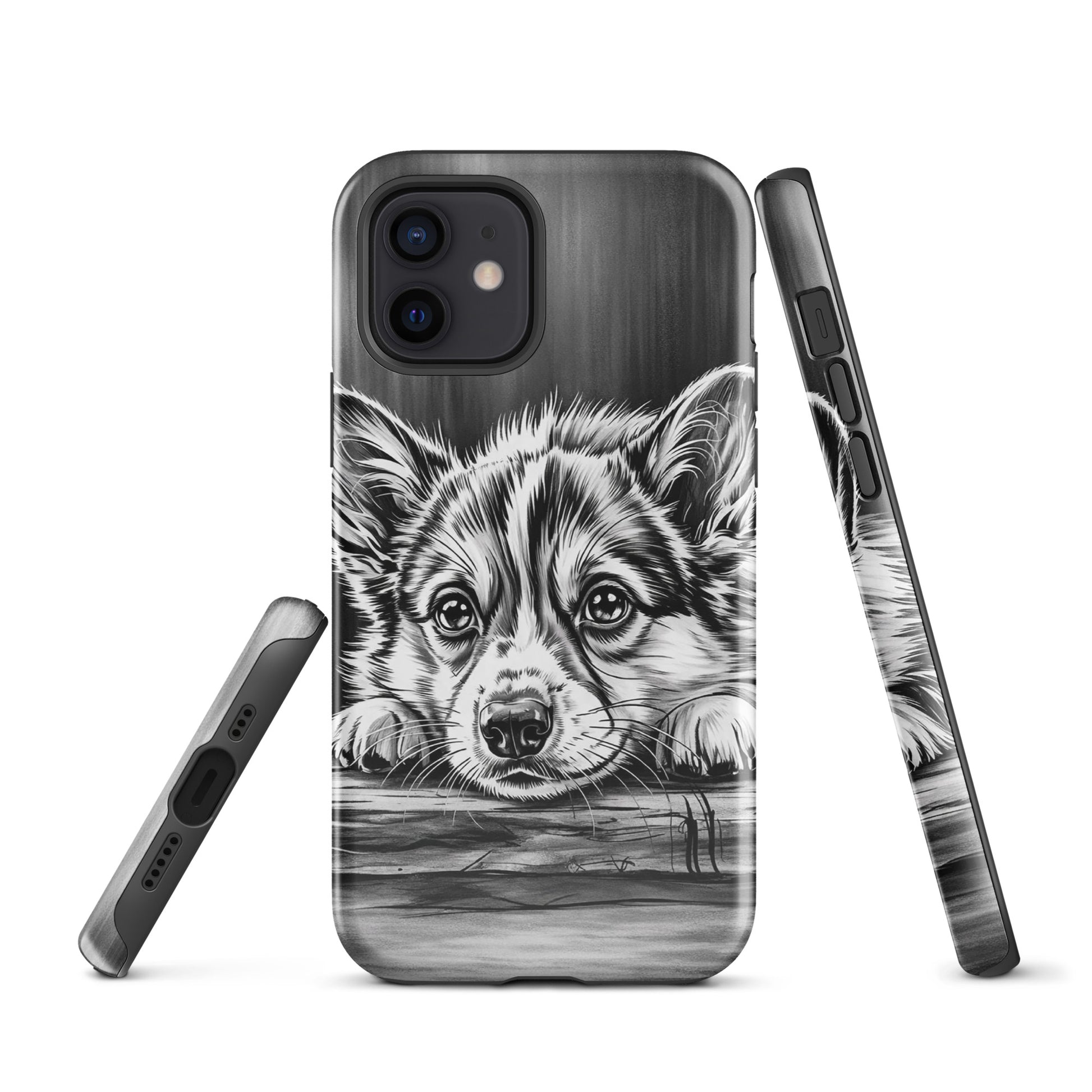 Phone Case for iPhone with elegant puppy art in black and white, offering premium protection and a refined gallery-style look.