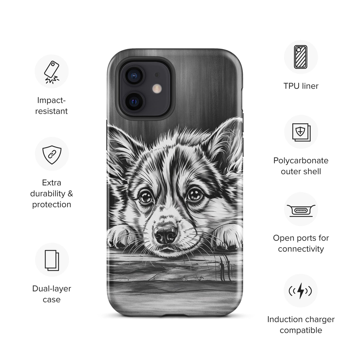 Phone Case for iPhone with elegant black-and-white puppy art offering premium protection and gallery-style design.