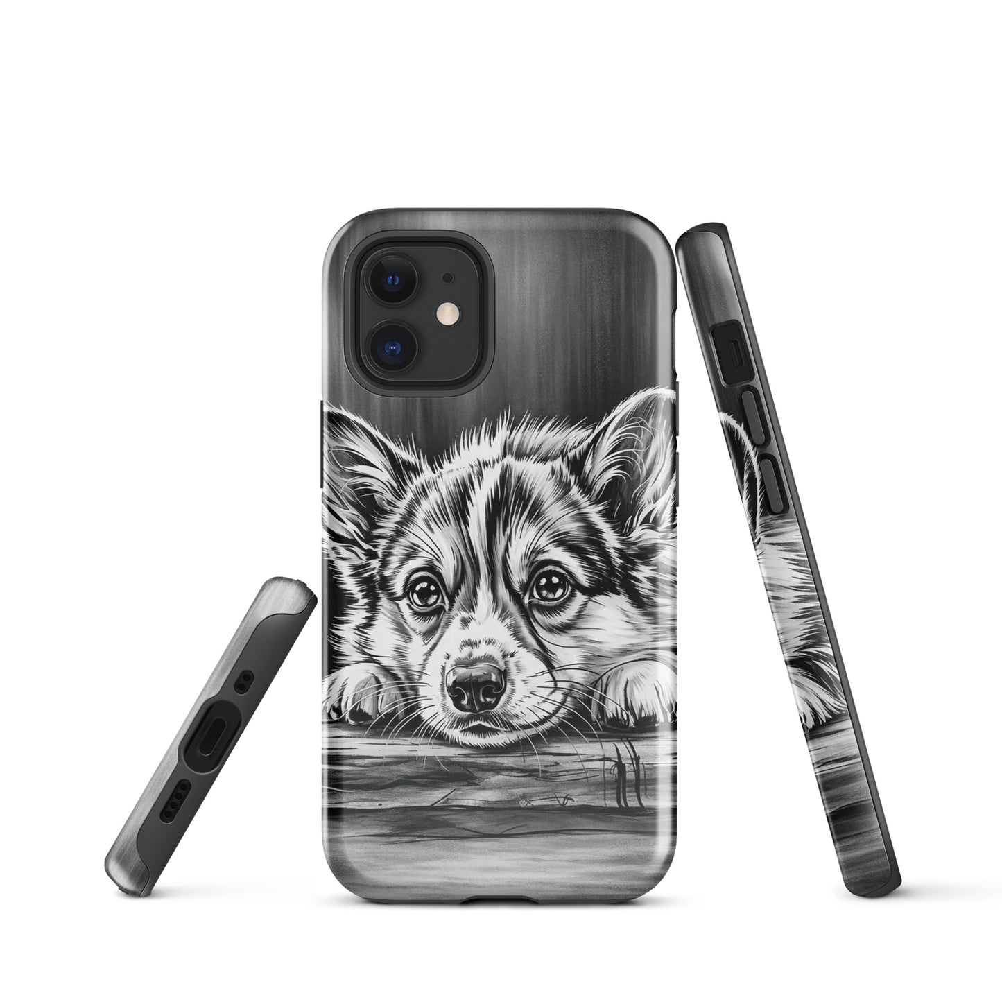 Phone Case for iPhone with elegant puppy art, black-and-white design, premium protective cover, seamless gallery-style look.