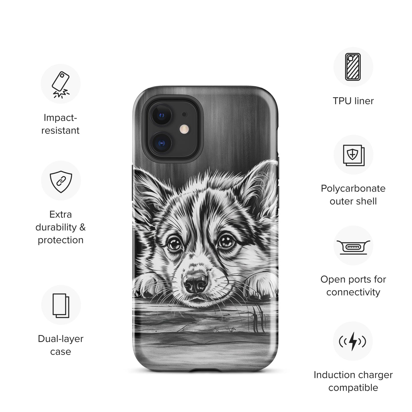 Elegant Puppy Art Phone Case for iPhone with protection and black-white puppy illustration on aged wood background.