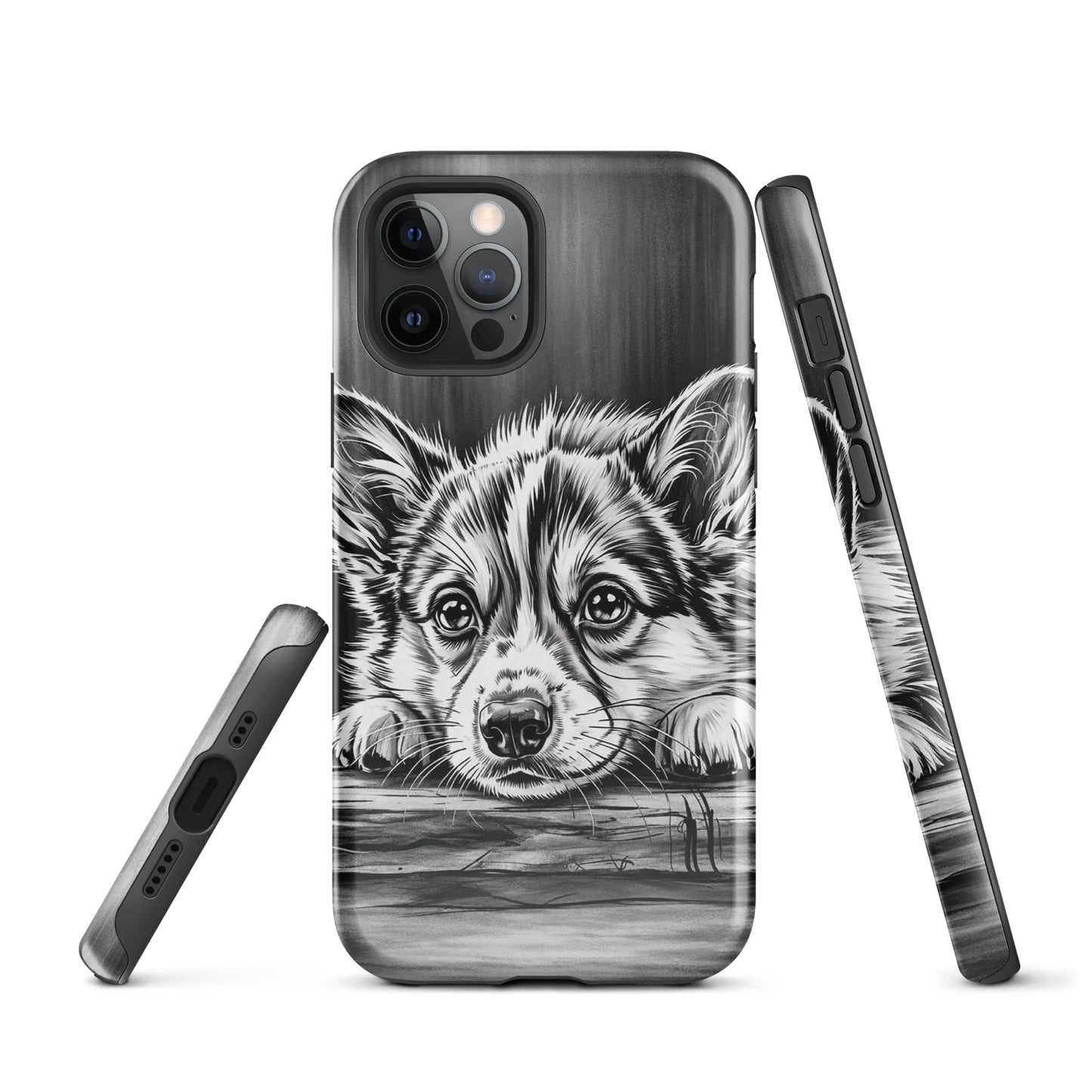 Phone Case for iPhone with elegant puppy art, black-and-white design on aged wood background for premium protection and style.